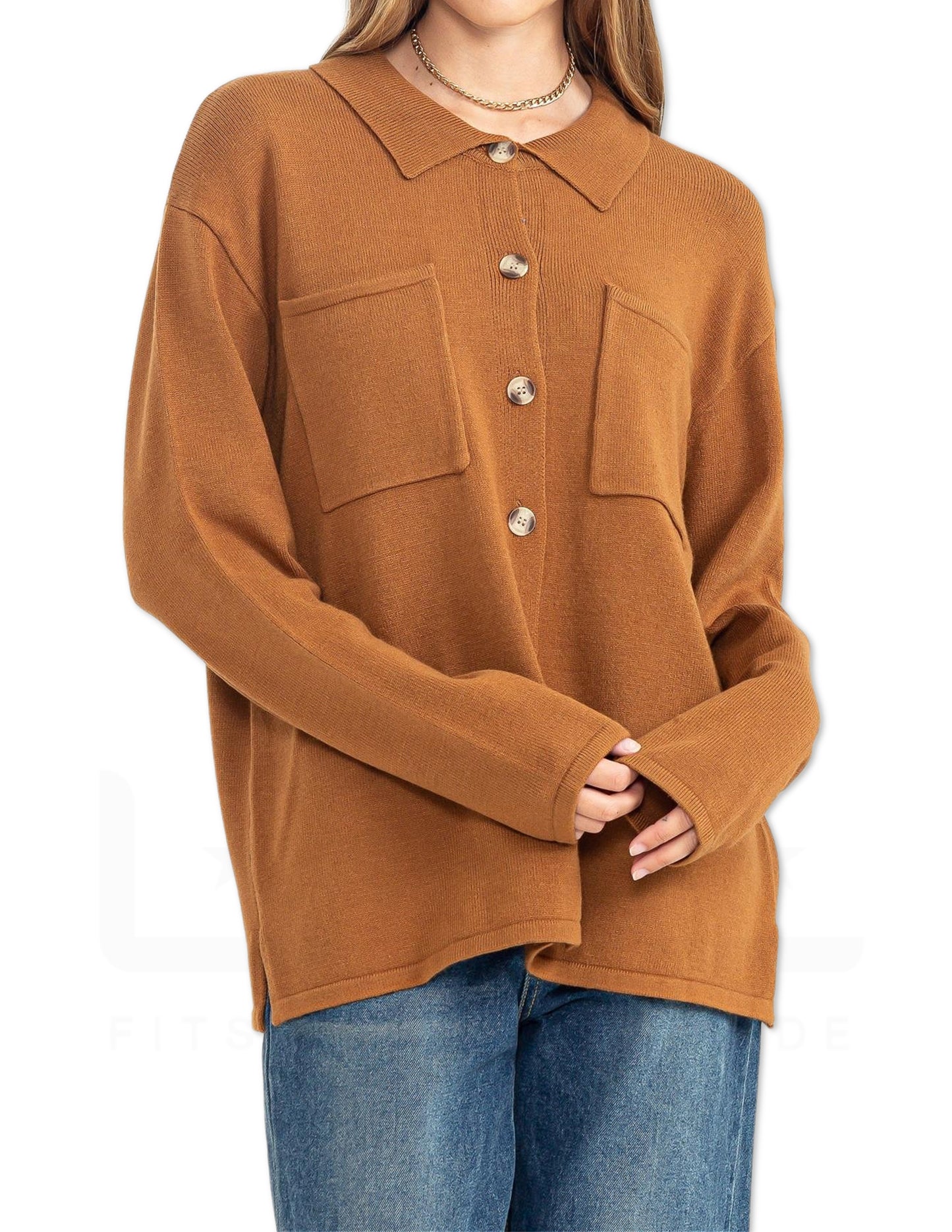 Soft Button Front Cardigan - Pale Brown
