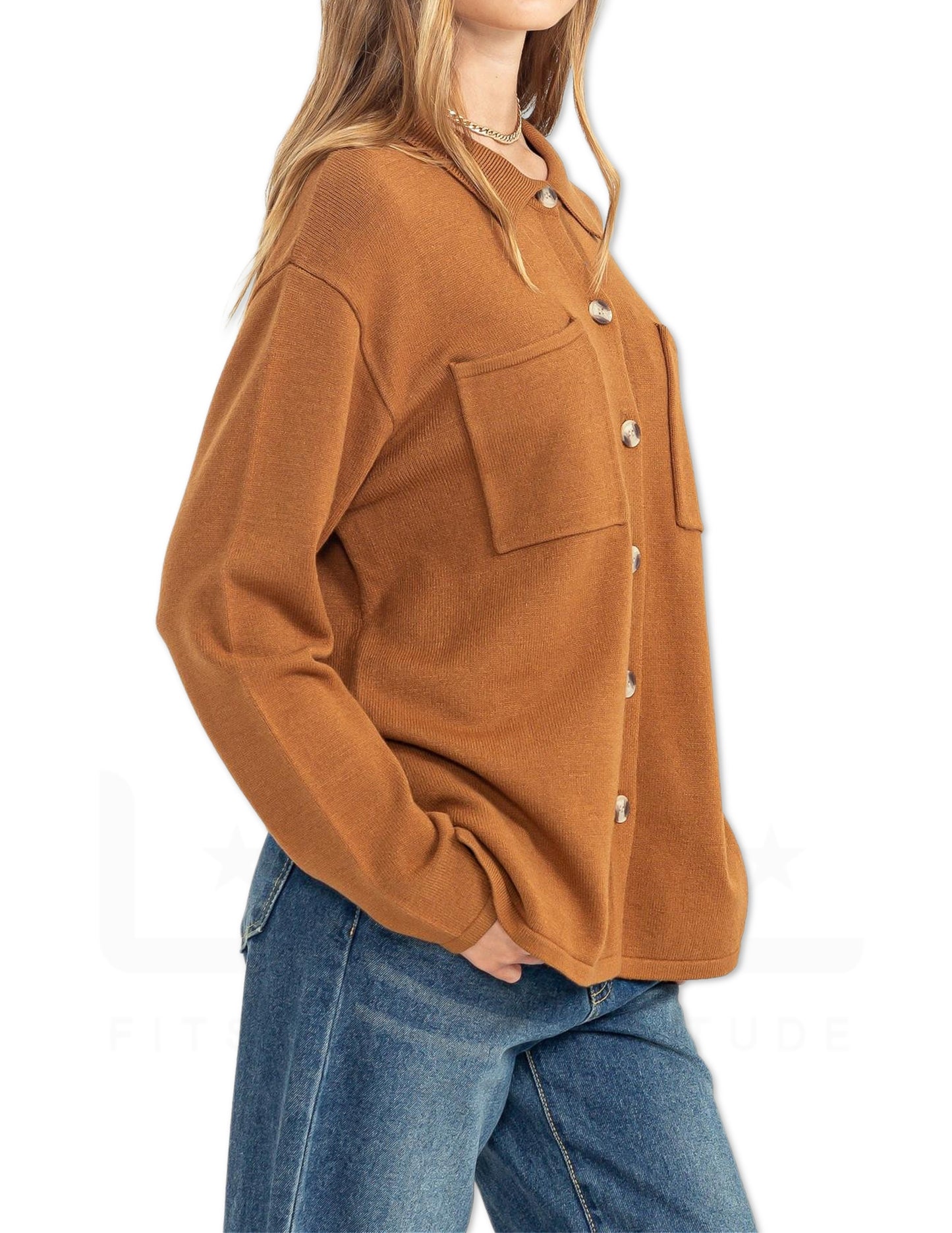 Soft Button Front Cardigan - Pale Brown