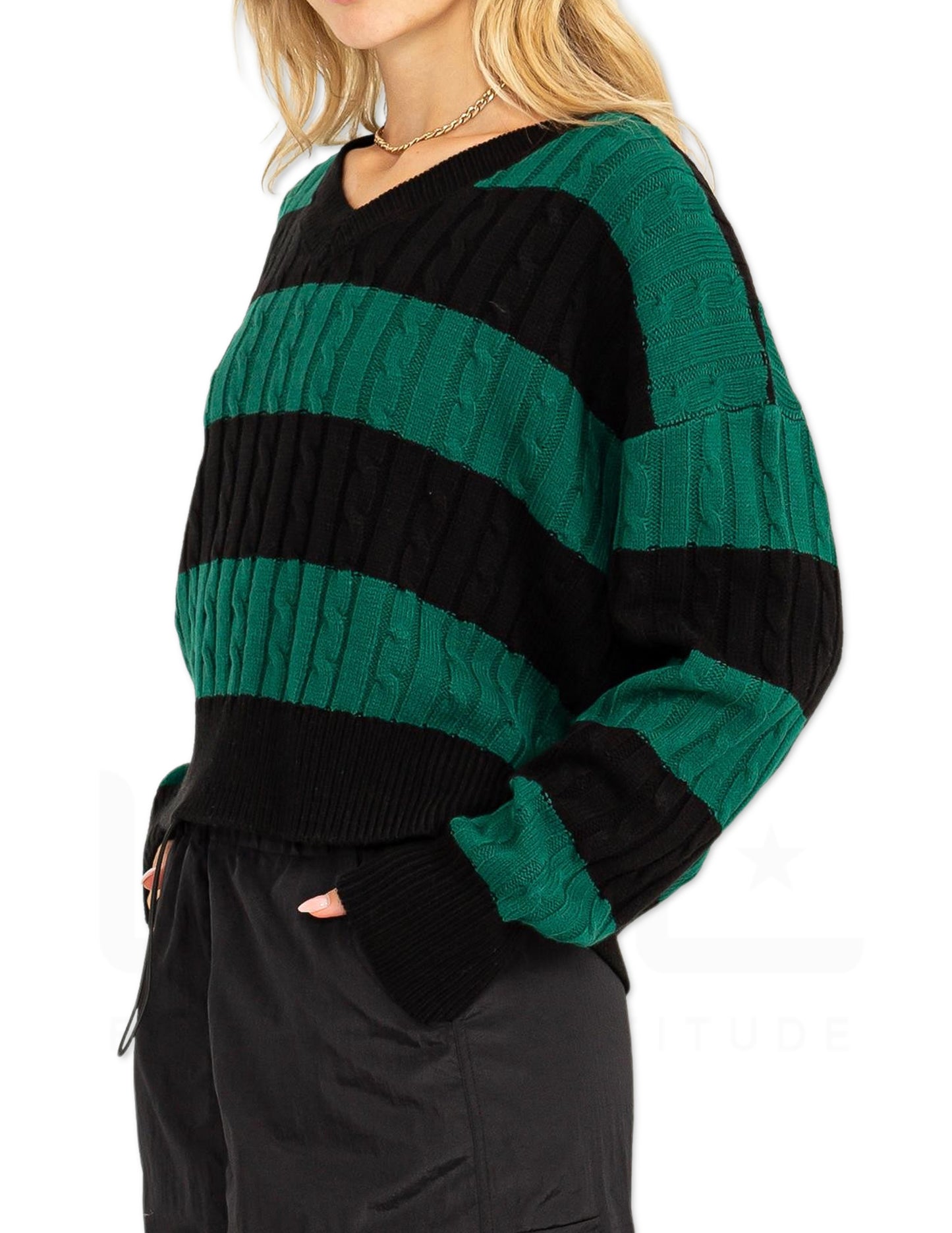 Striped Cable Knit Sweater - Green