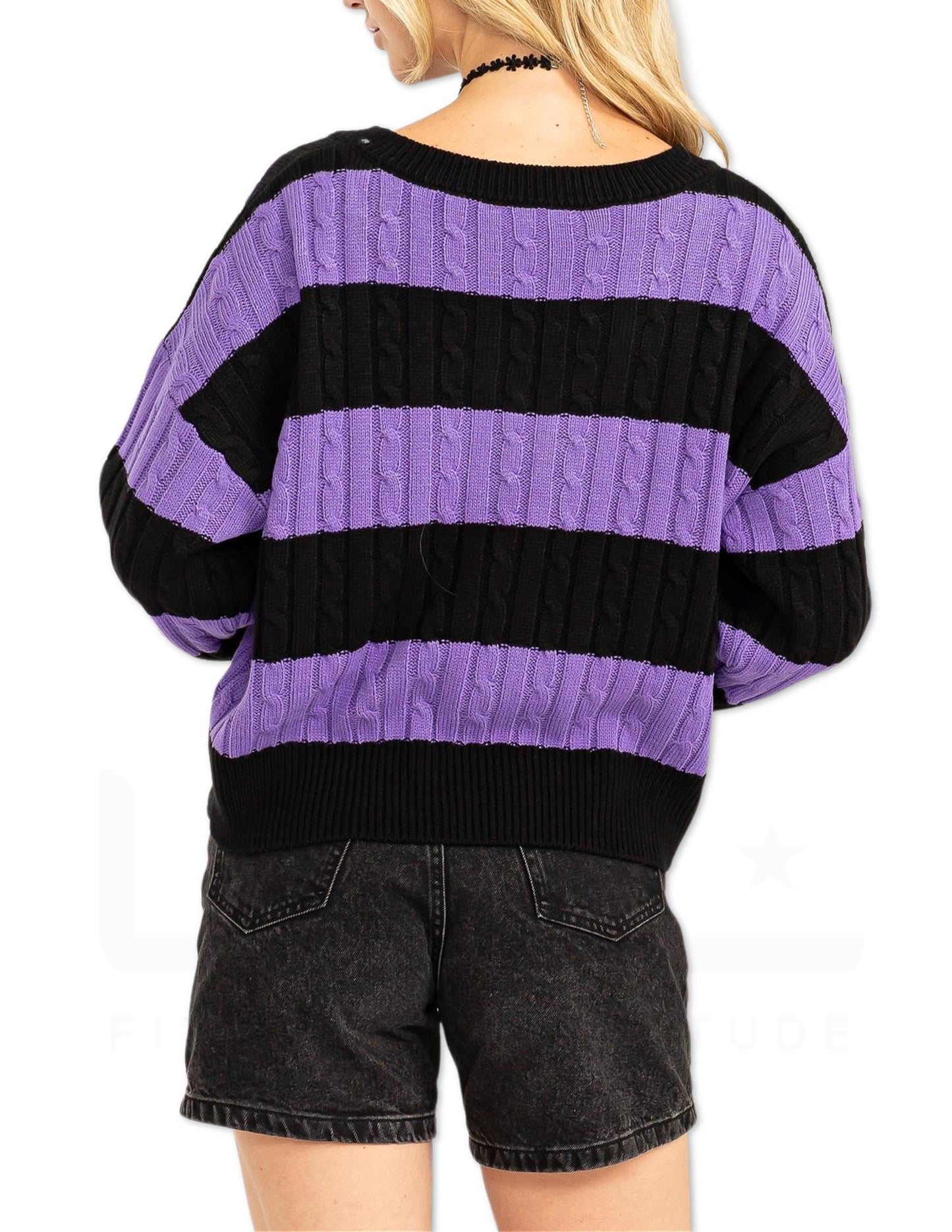 Striped Cable Knit Sweater - Purple