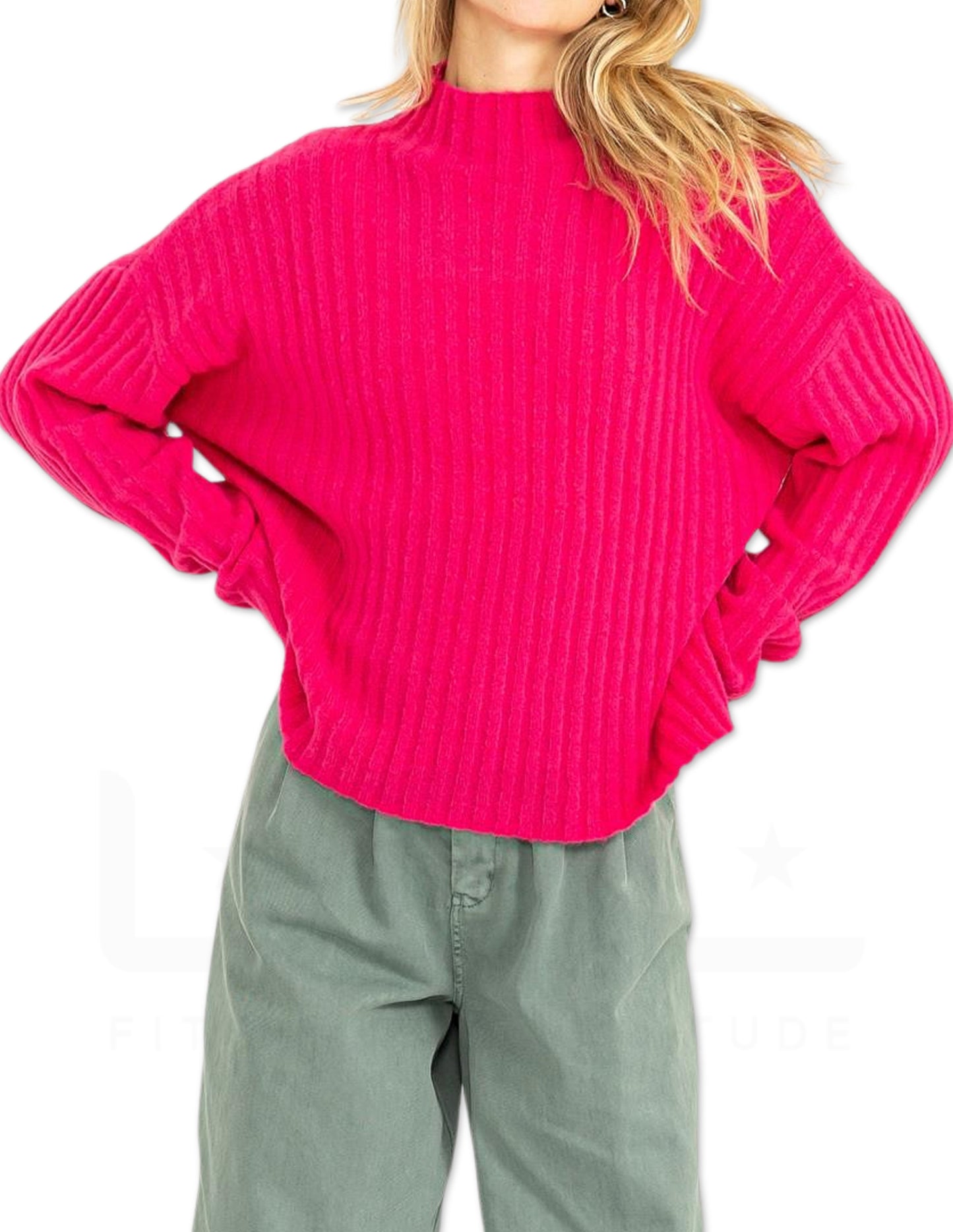 Ribbed High Neck Sweater - Fuchsia