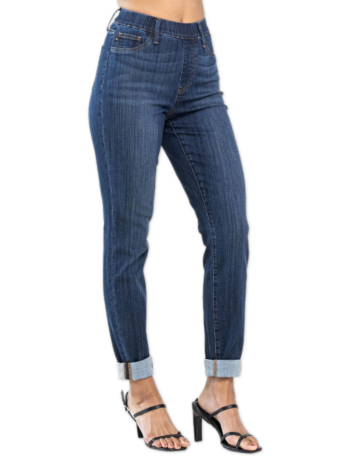 High Waist Pull On Double Cuff Slim Jean
