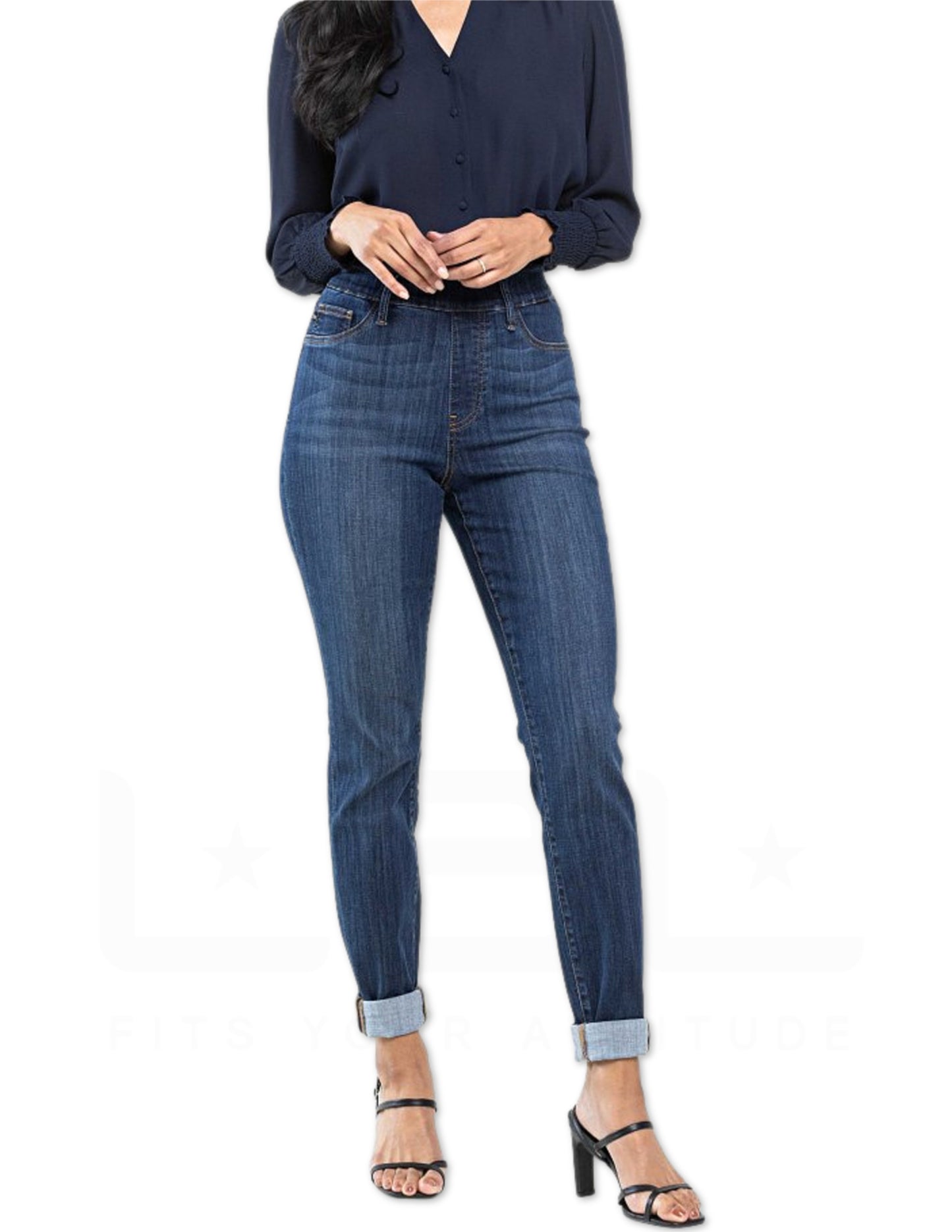 High Waist Pull On Double Cuff Slim Jean