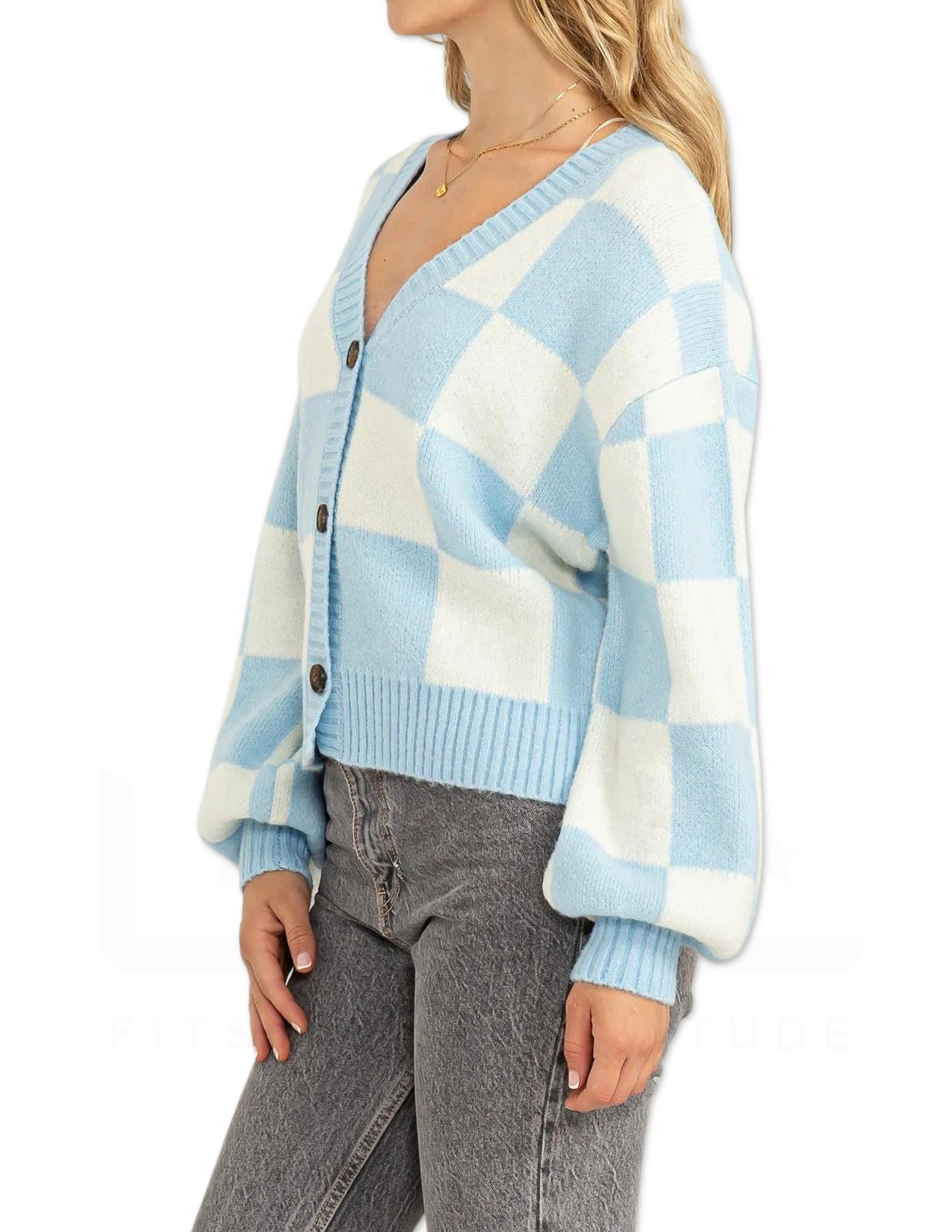 Checkered Cardigan Sweater - Blue and Cream
