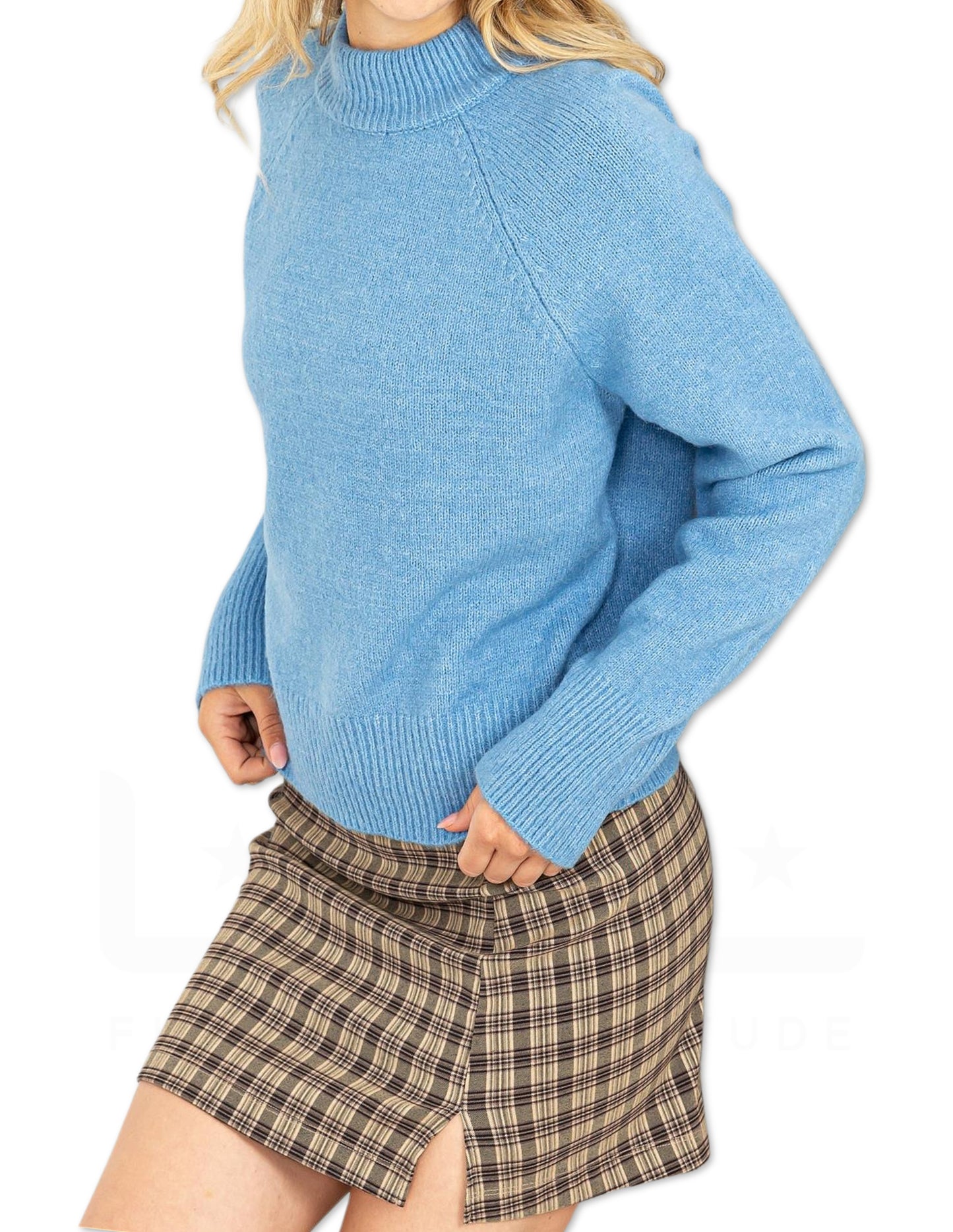 High Neck Raglan Sleeve Sweater - Blue