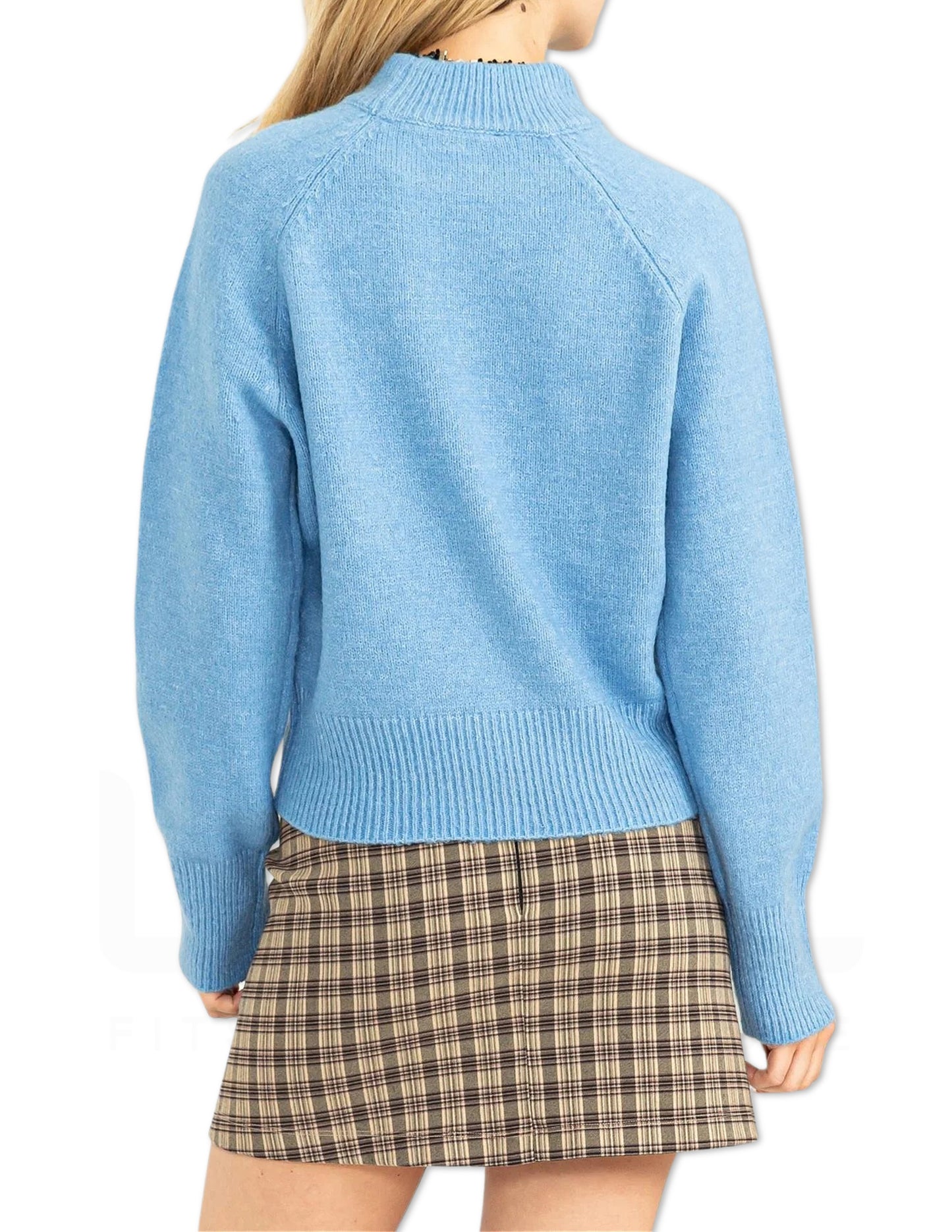 High Neck Raglan Sleeve Sweater - Blue