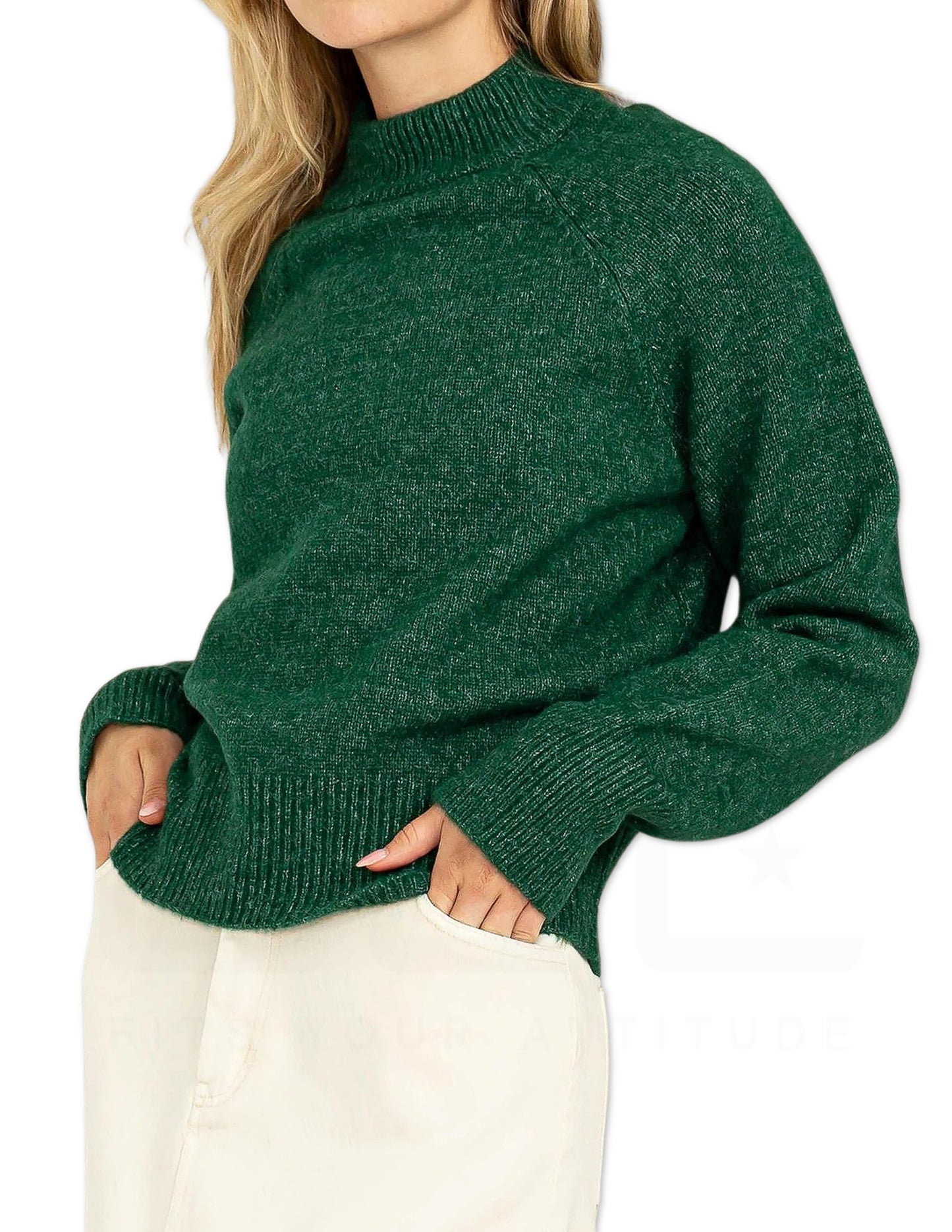 High Neck Raglan Sleeve Sweater - Pine Green