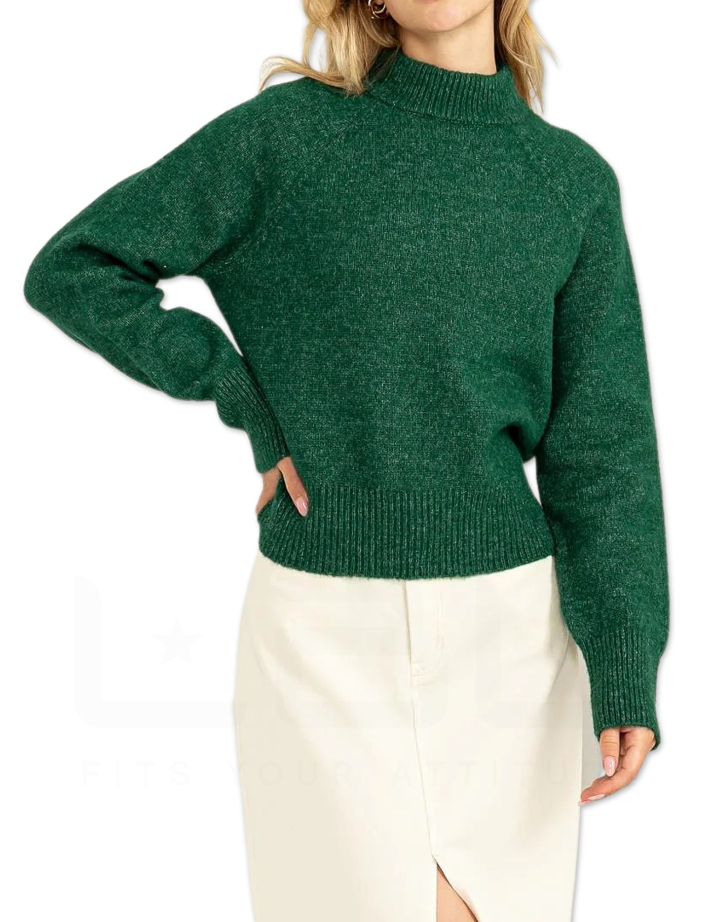 High Neck Raglan Sleeve Sweater - Pine Green
