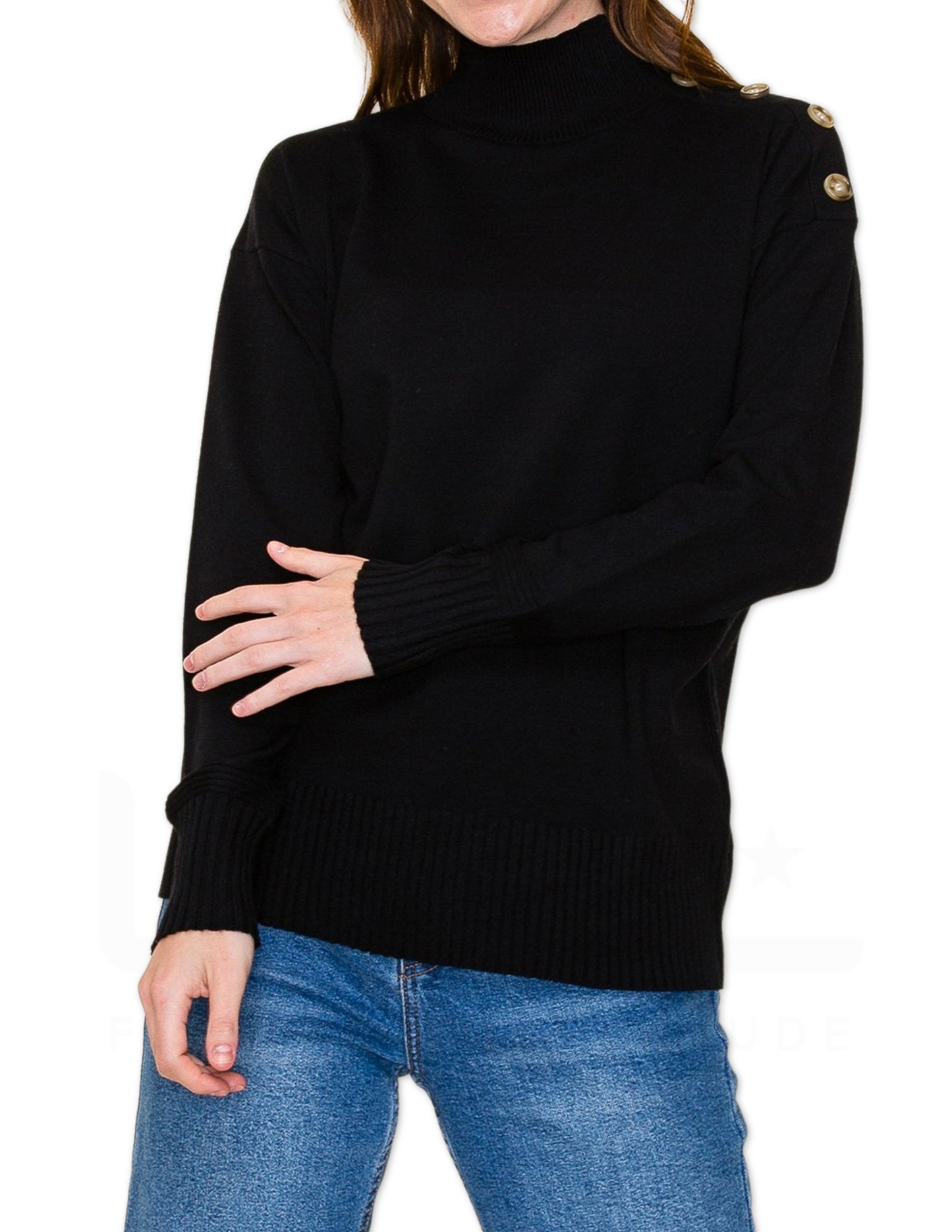 Button Shoulder Turtleneck Sweater - Black