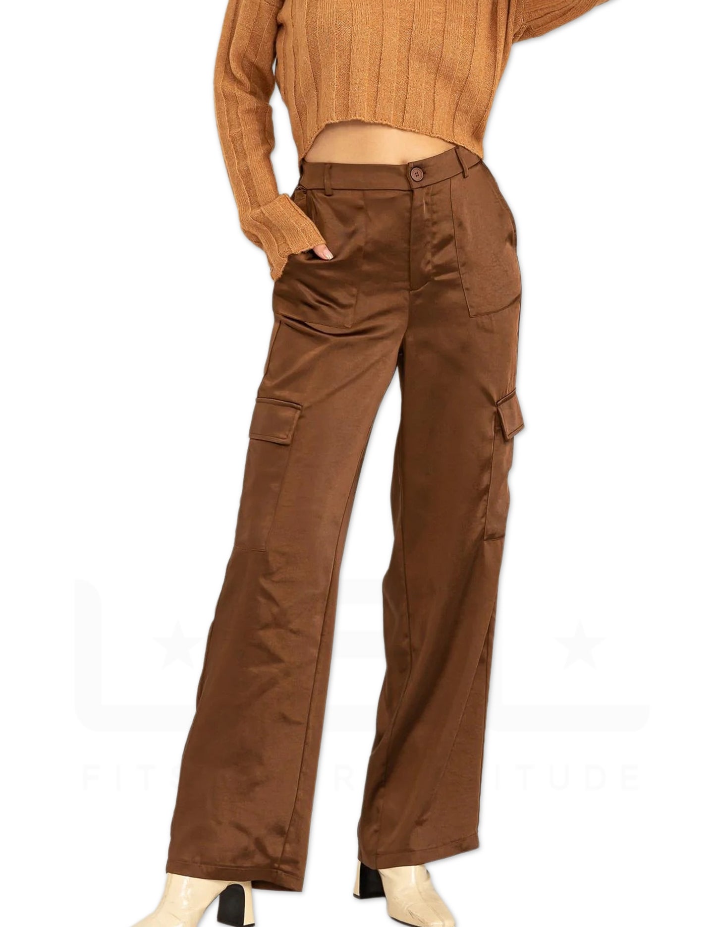 High Waist Satin Cargo Pants - Brown