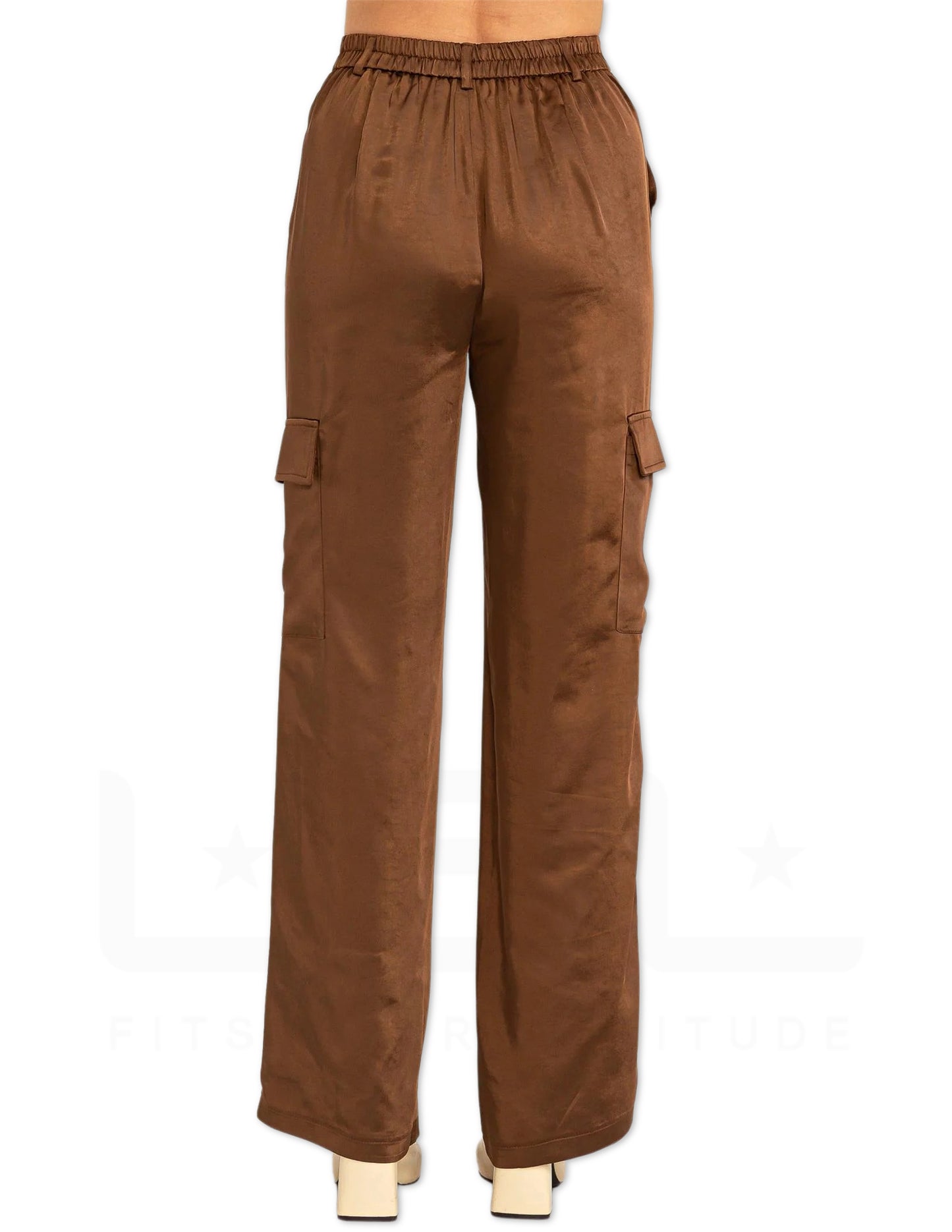 High Waist Satin Cargo Pants - Brown