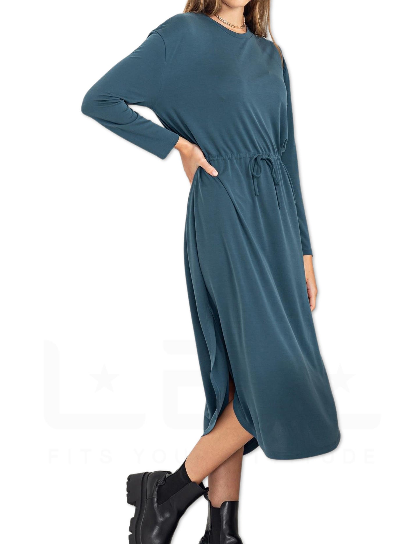 Drawstring Tie-Waist Midi Dress - Deep Pond