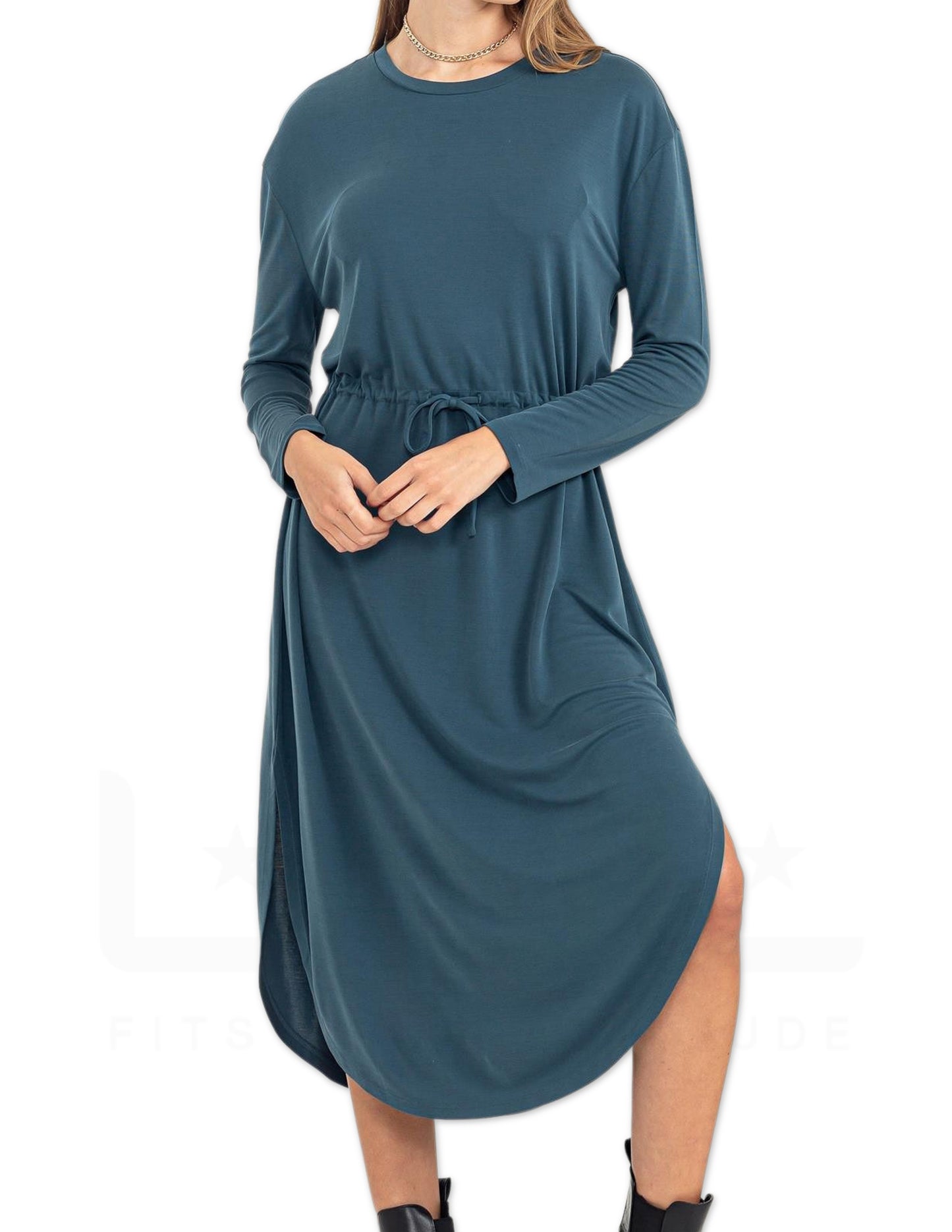 Drawstring Tie-Waist Midi Dress - Deep Pond