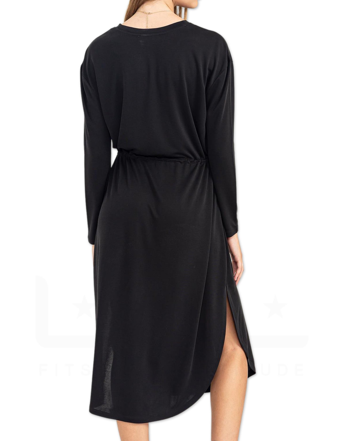 Drawstring Tie-Waist Midi Dress - Black