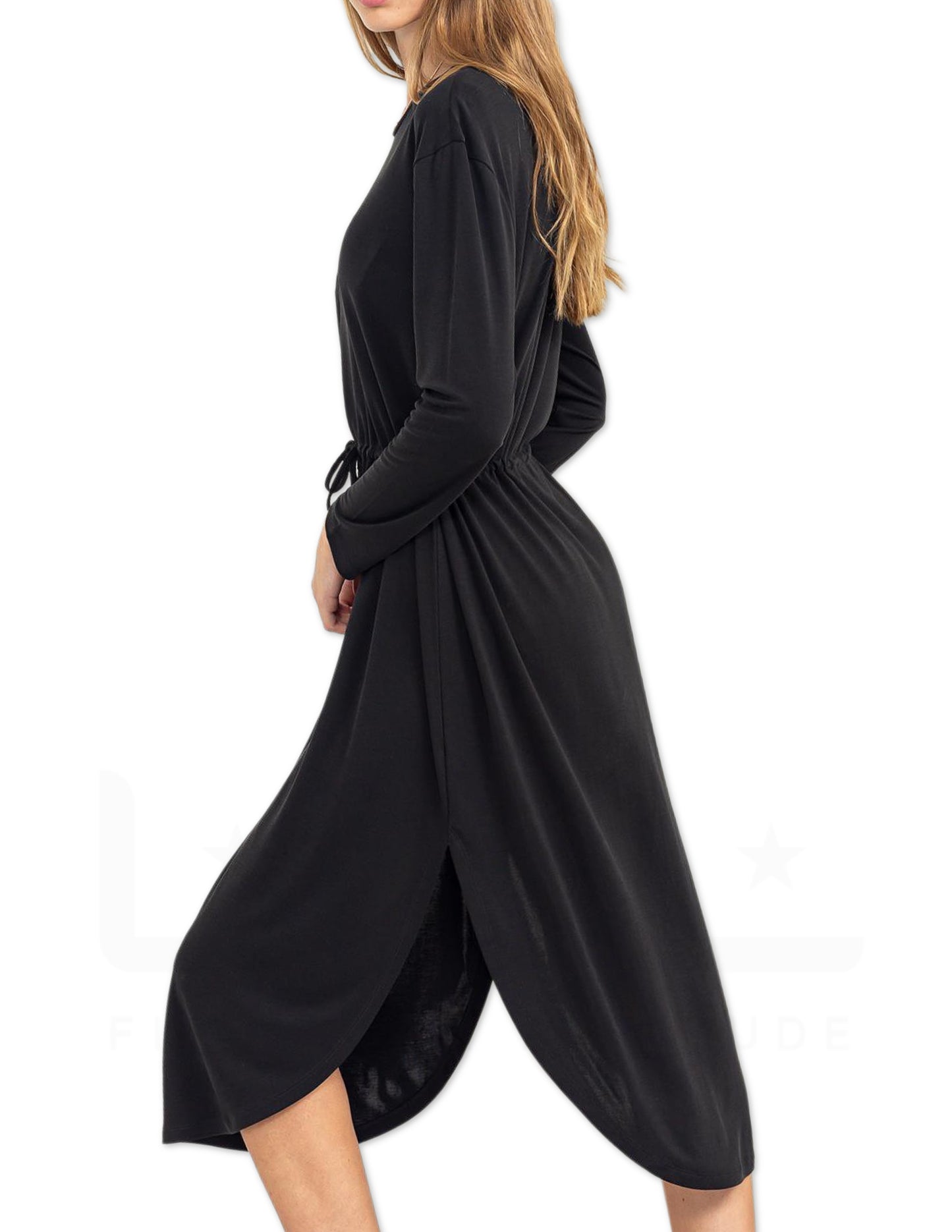 Drawstring Tie-Waist Midi Dress - Black