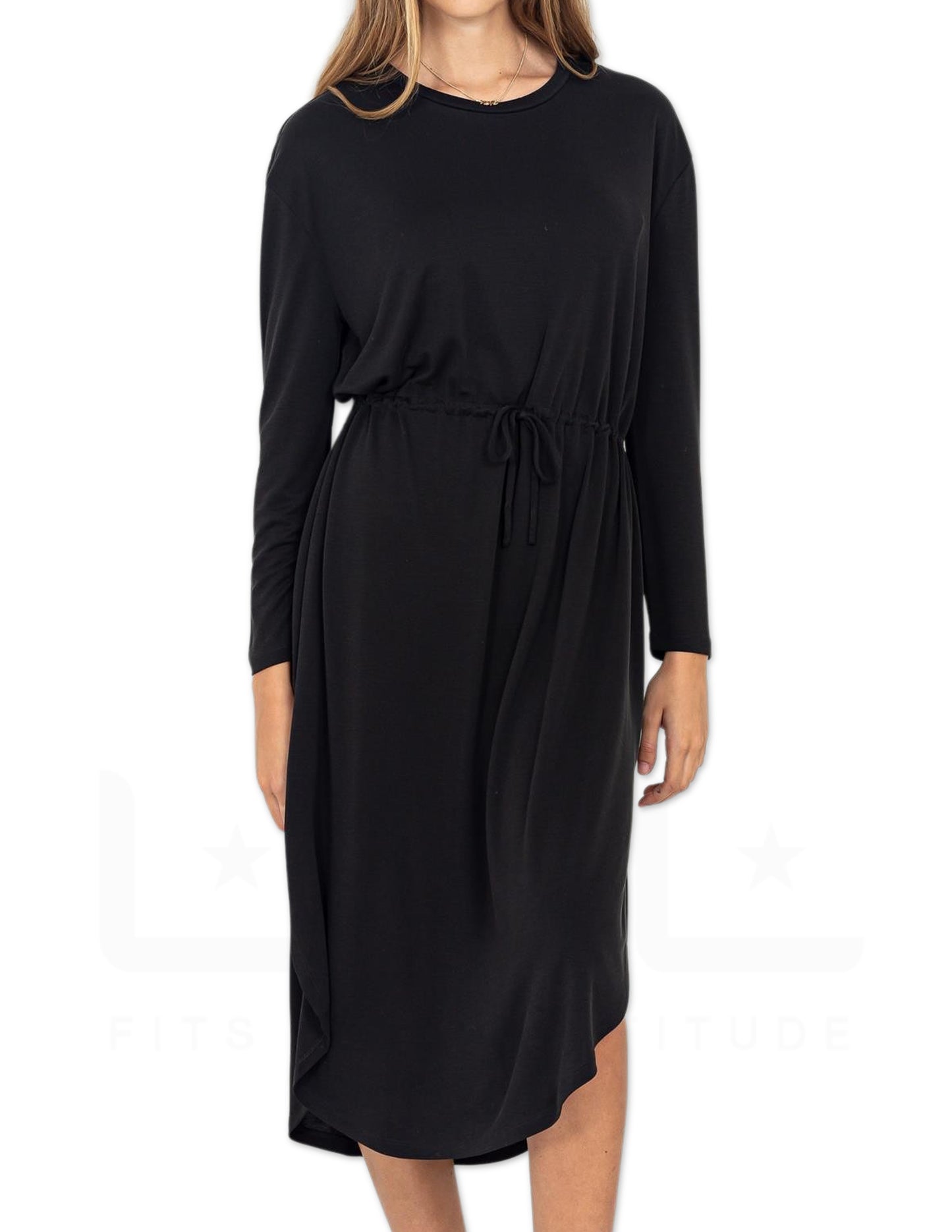 Drawstring Tie-Waist Midi Dress - Black