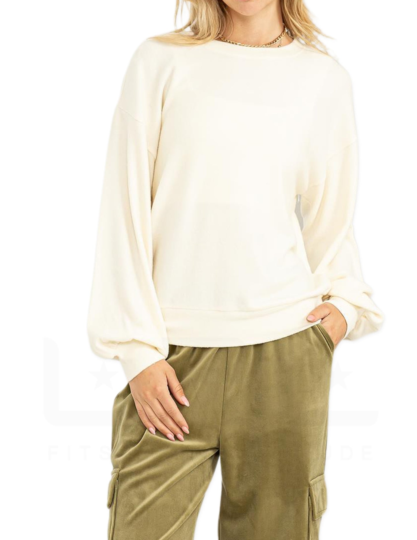 Round Neck Balloon Sleeve Sweatshirt - Cream