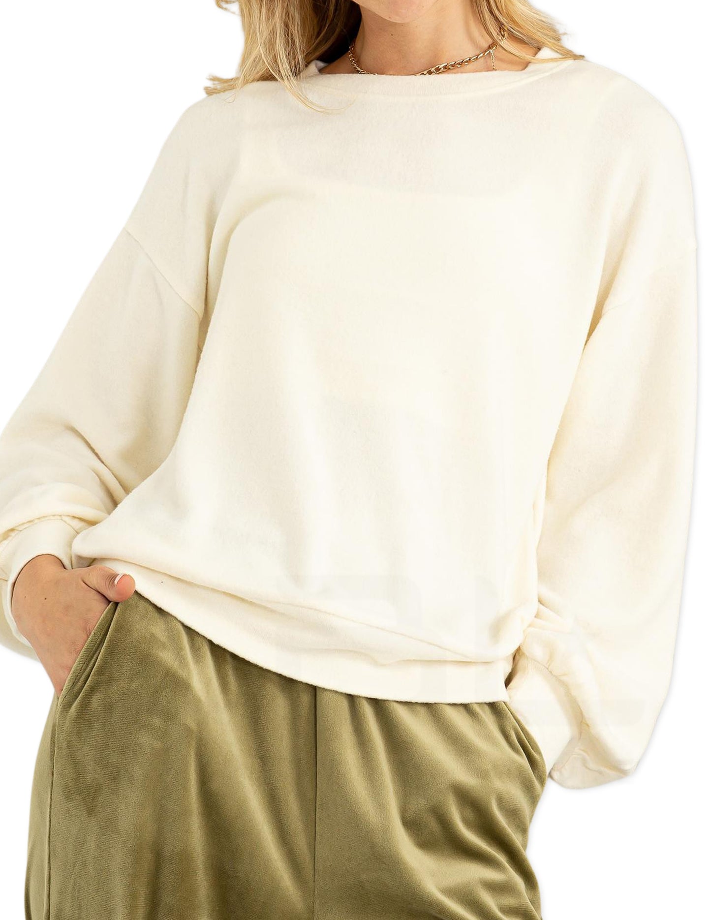 Round Neck Balloon Sleeve Sweatshirt - Cream