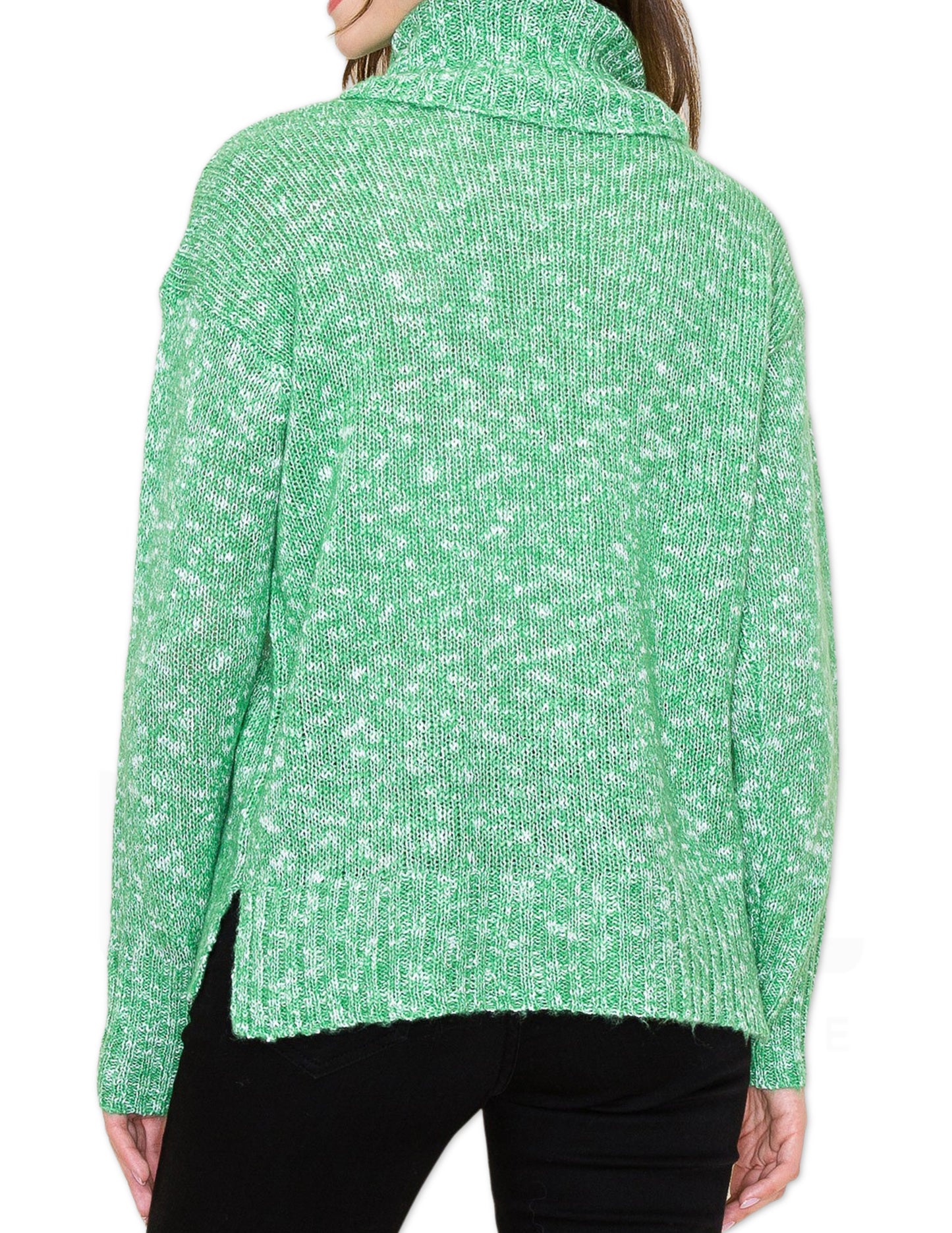 Rib Contrast Turtleneck Sweater - Green