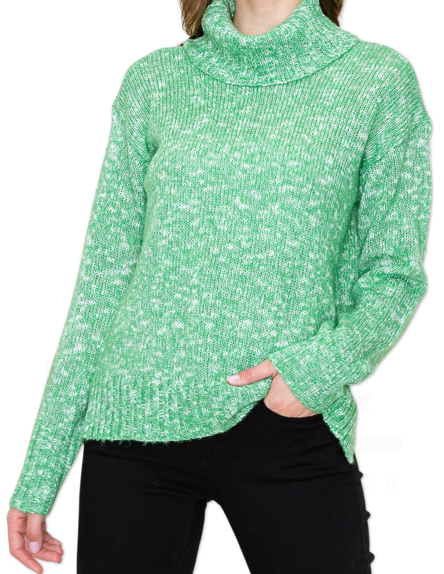 Rib Contrast Turtleneck Sweater - Green