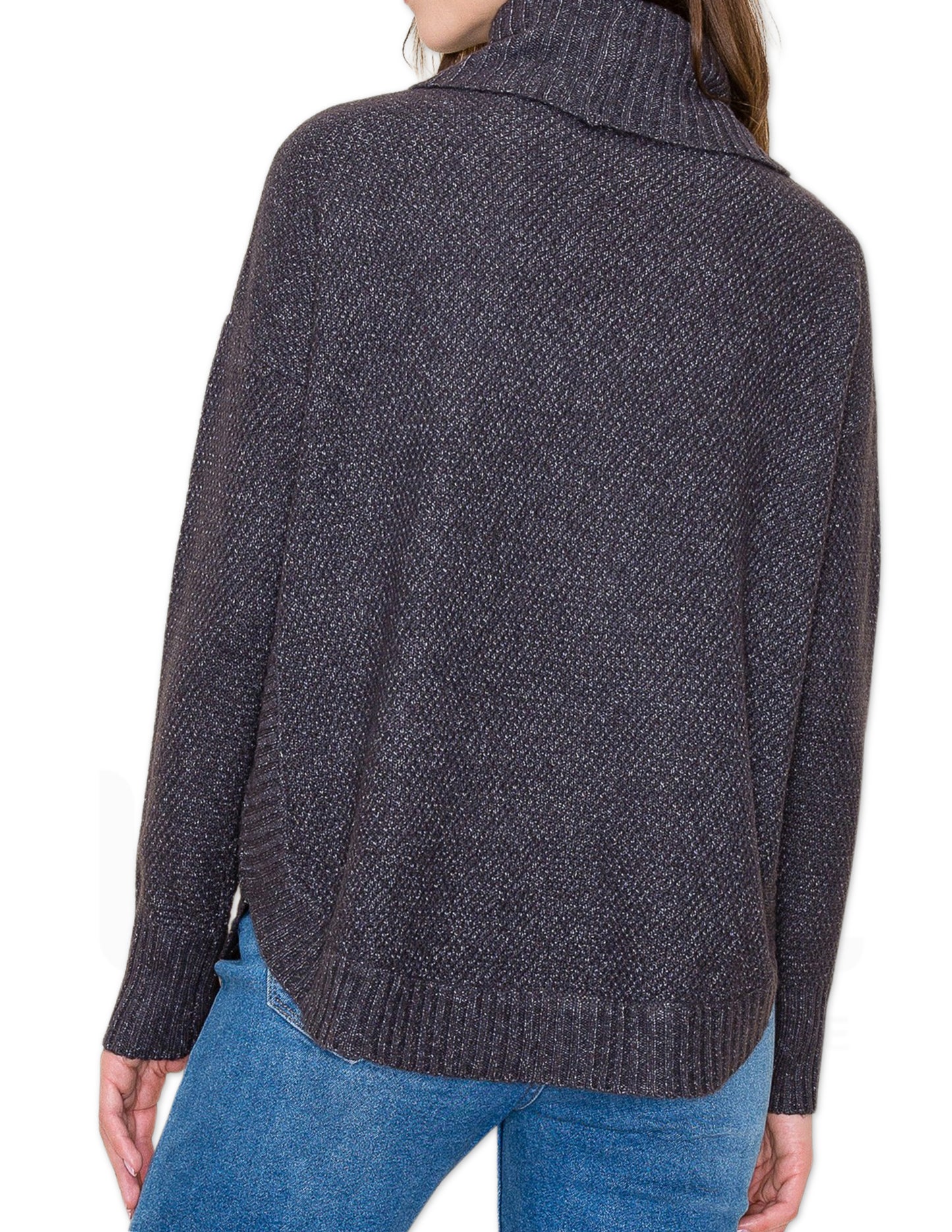 Slouchy Turtle Neck Waffle Knit Sweater - Gun Metal