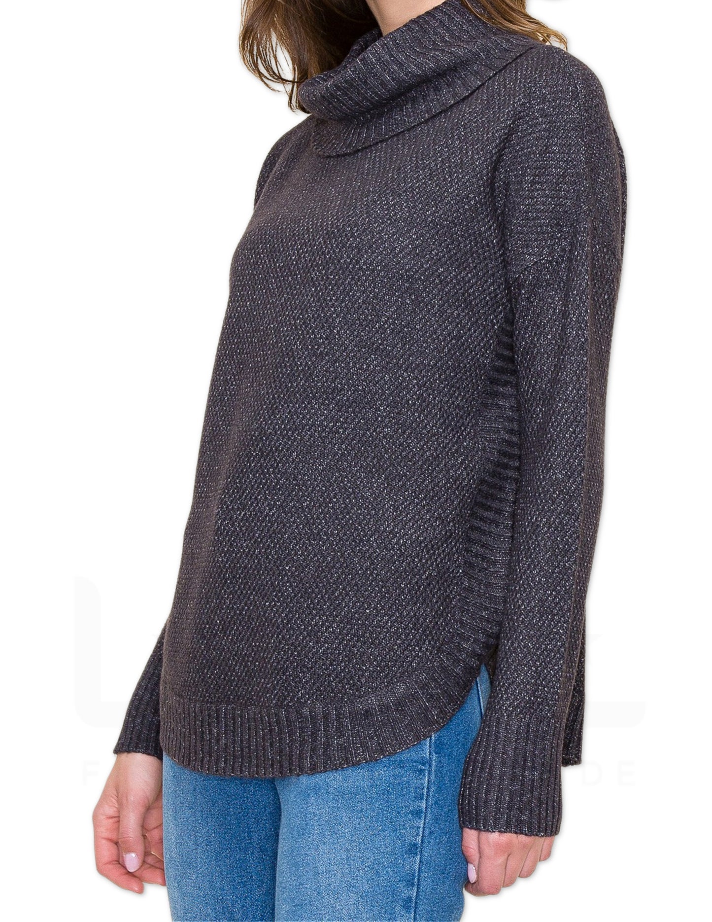 Slouchy Turtle Neck Waffle Knit Sweater - Gun Metal