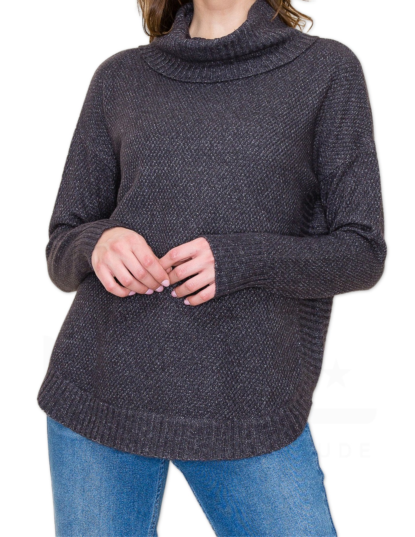 Slouchy Turtle Neck Waffle Knit Sweater - Gun Metal