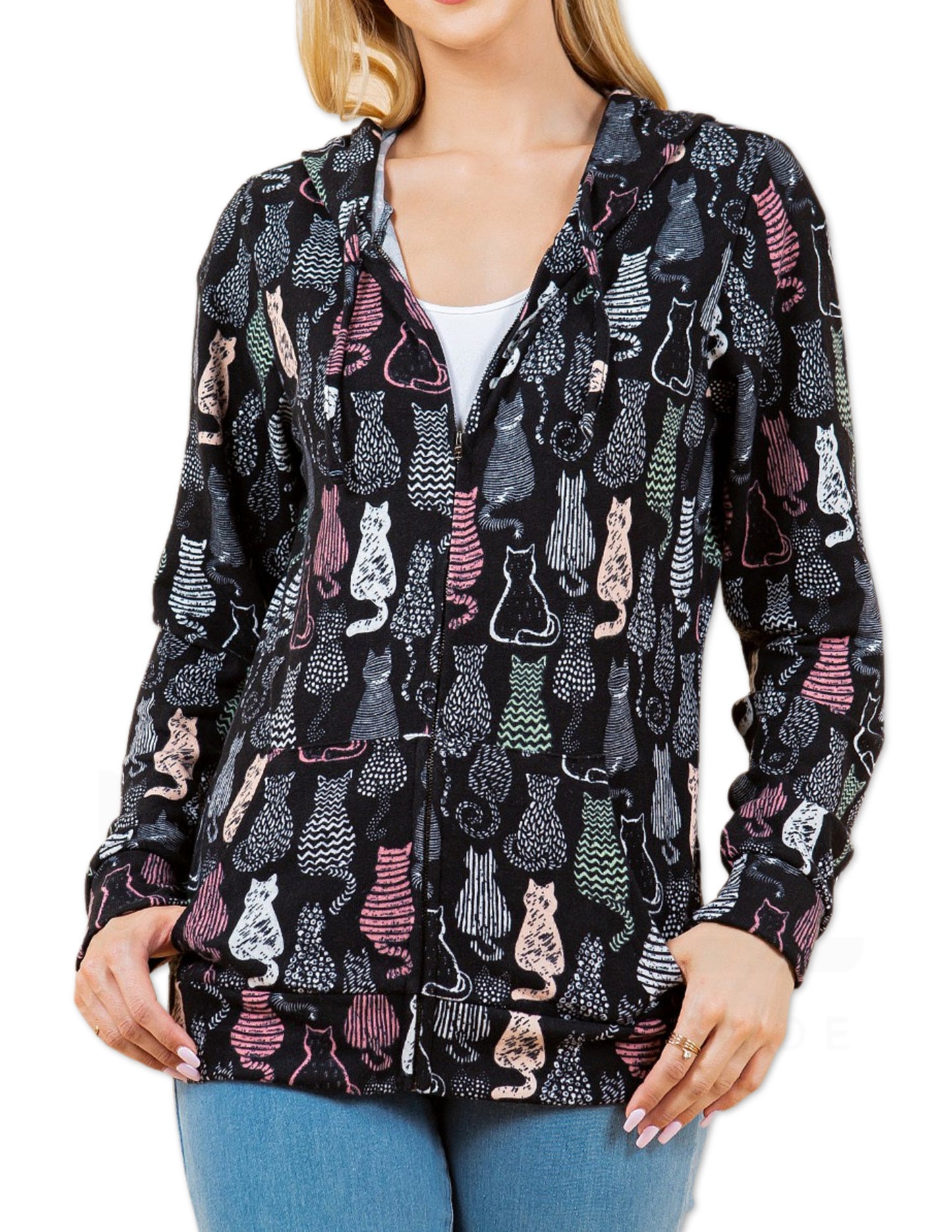 Cat Print Zipper Hoodie