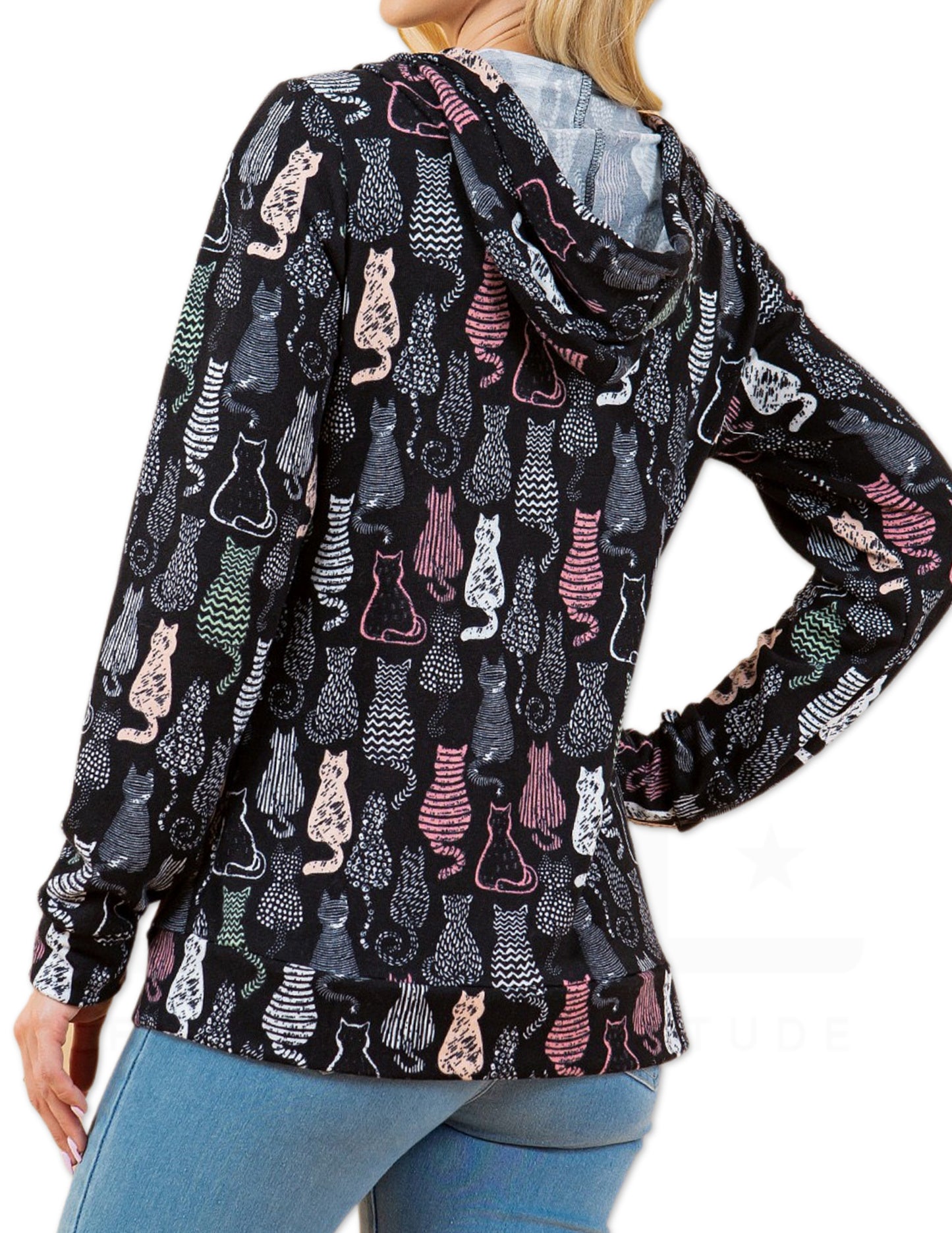 Cat Print Zipper Hoodie