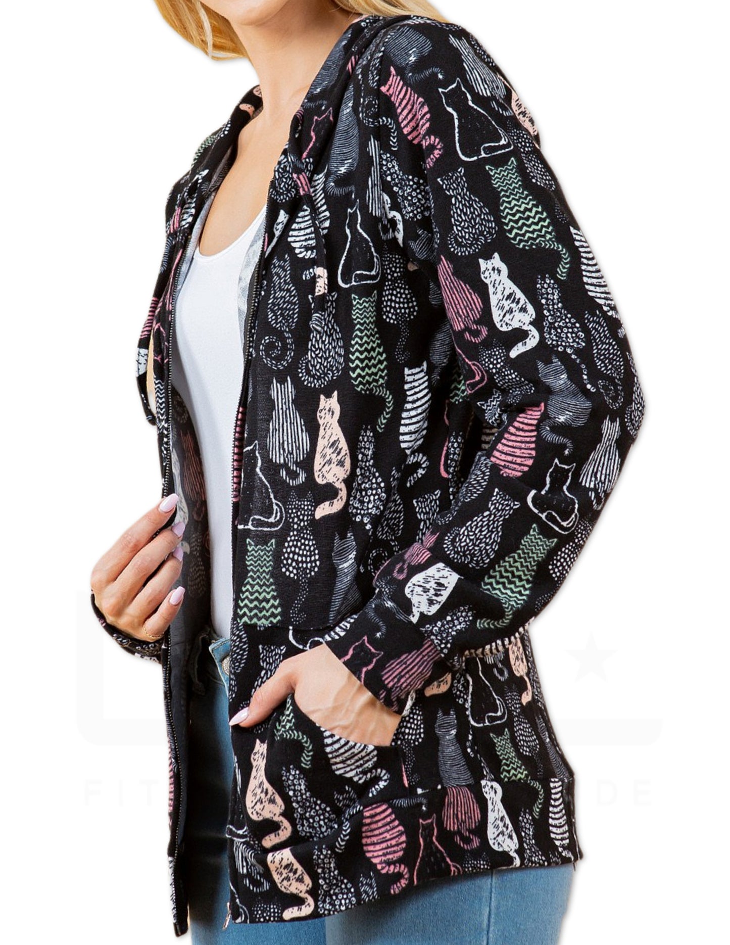 Cat Print Zipper Hoodie
