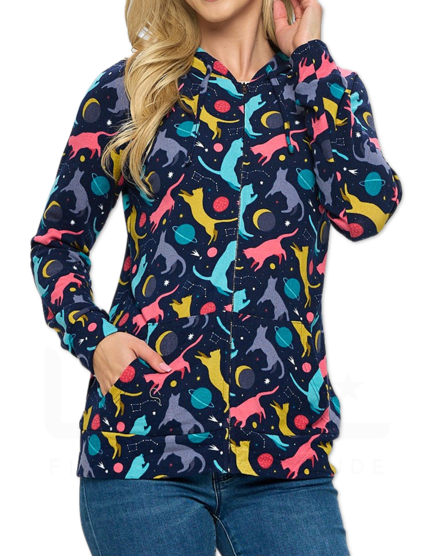 Space Cats Print Zipper Hoodie