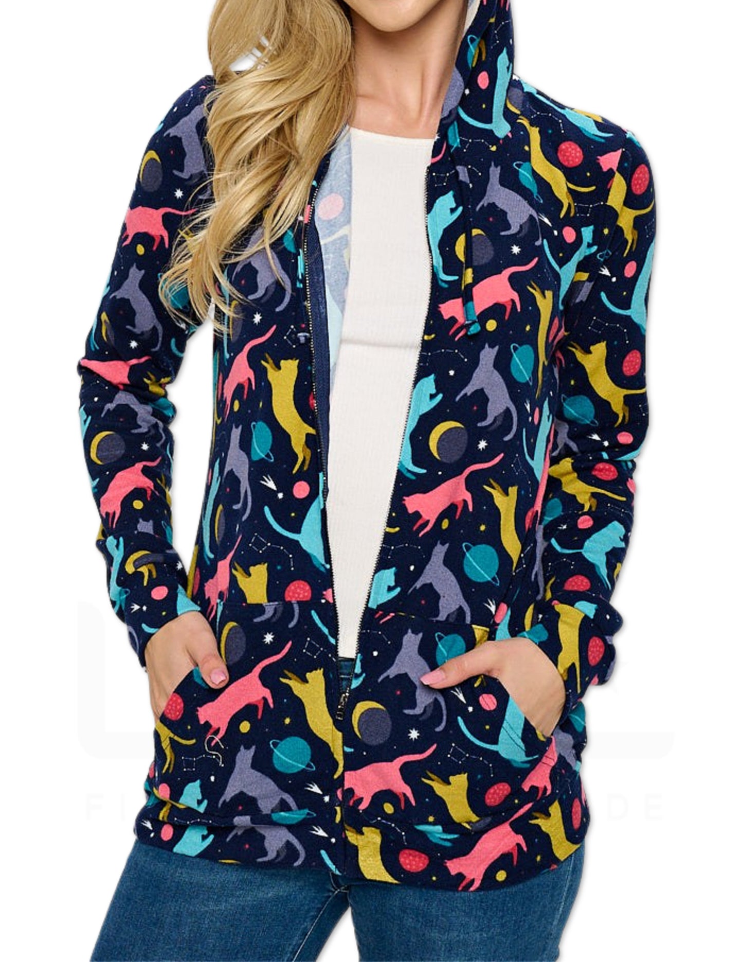 Space Cats Print Zipper Hoodie