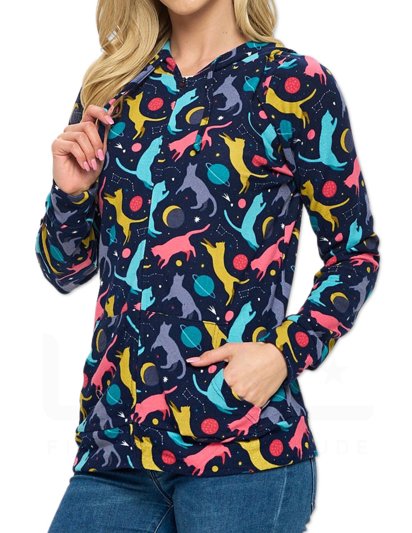 Space Cats Print Zipper Hoodie
