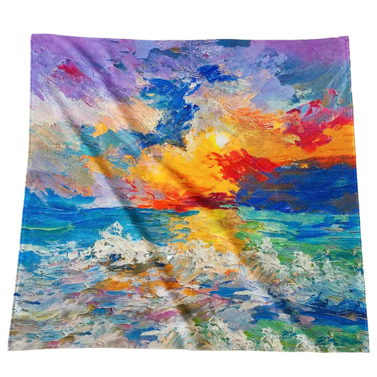 Colorful abstract painting of a sunset over water on a beige background