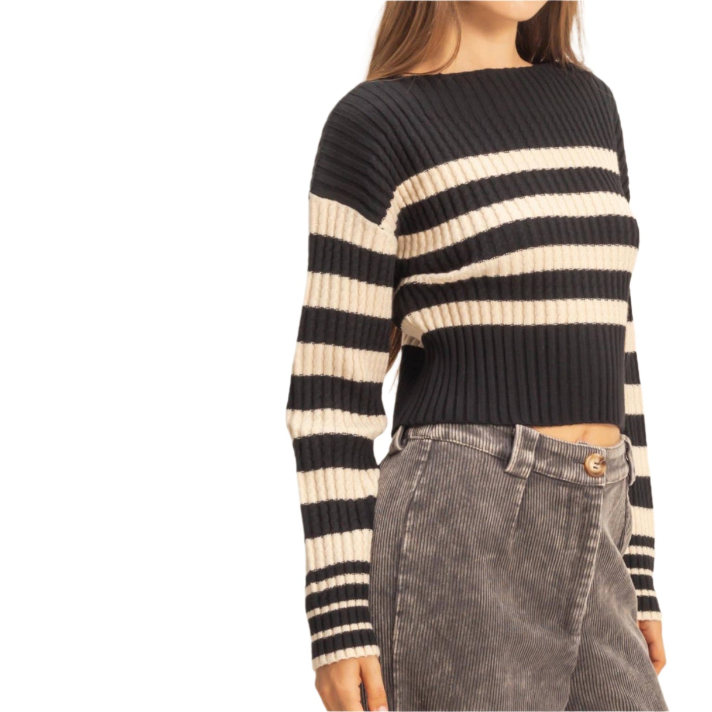 Black Striped Boat Neck Sweater