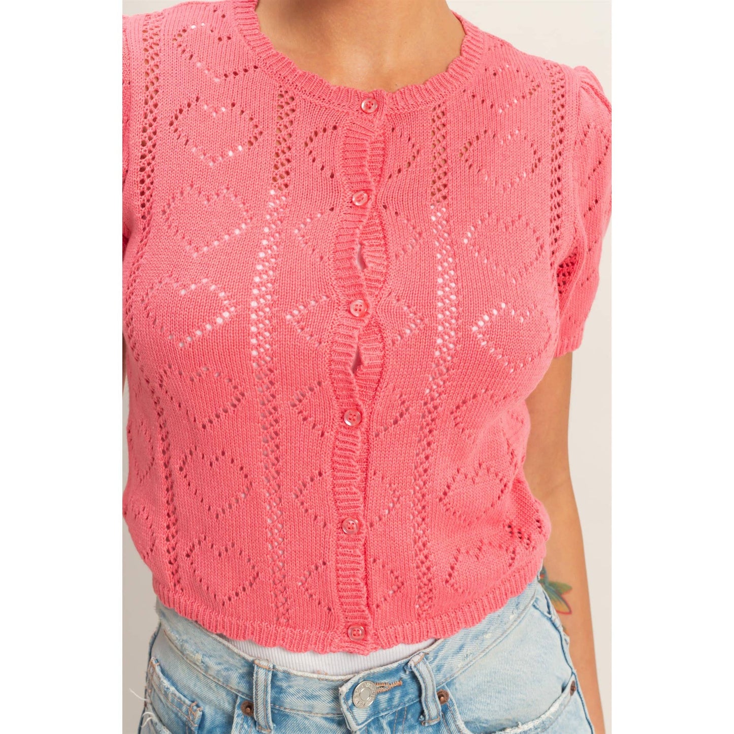 Taffy Pink Pointelle Knit Cardigan