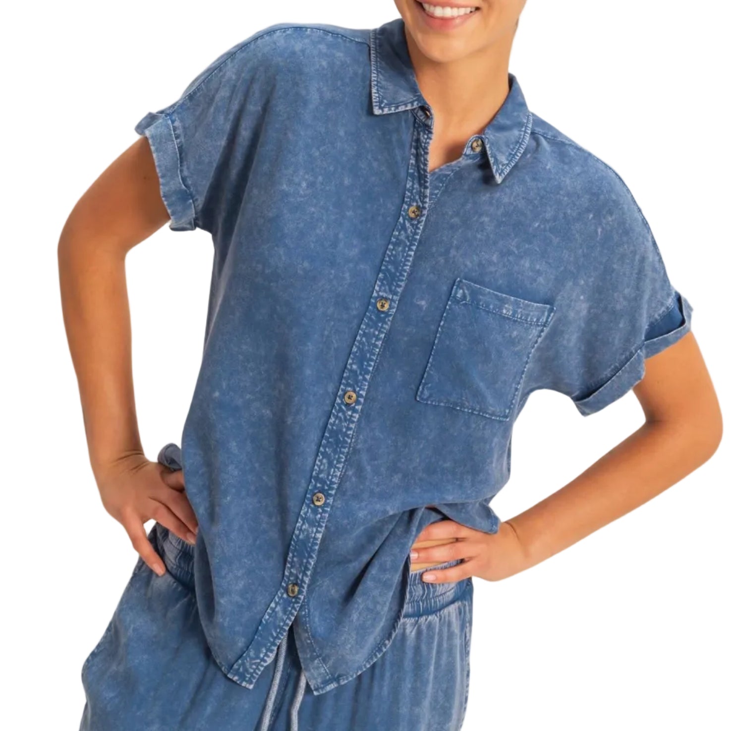 Navy Mineral Wash Button-Up Dolman Sleeve Shirt – L B L