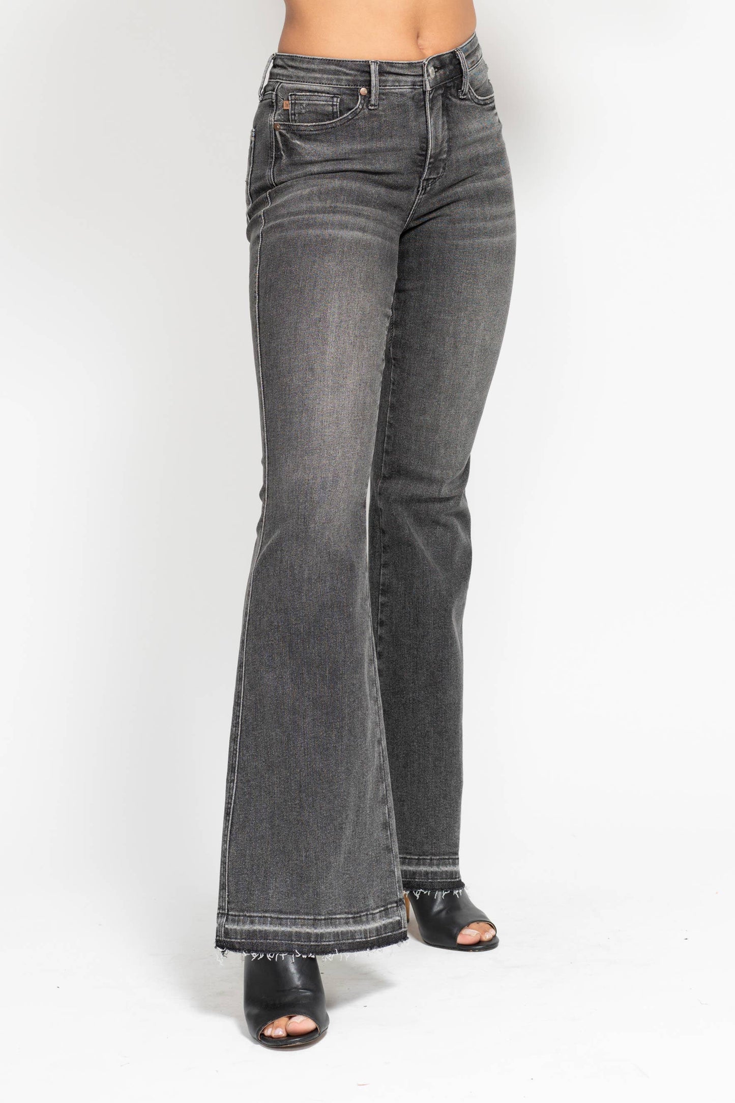 Gray Mid-Rise Washed Flare Jeans