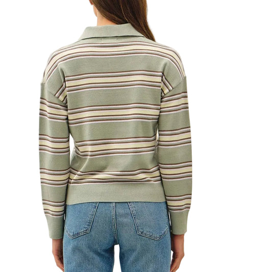 A model shown from the back wearing a striped knit polo sweater in sage green, beige, and brown, paired with blue jeans and brown wedge sandals, against a plain white studio background.