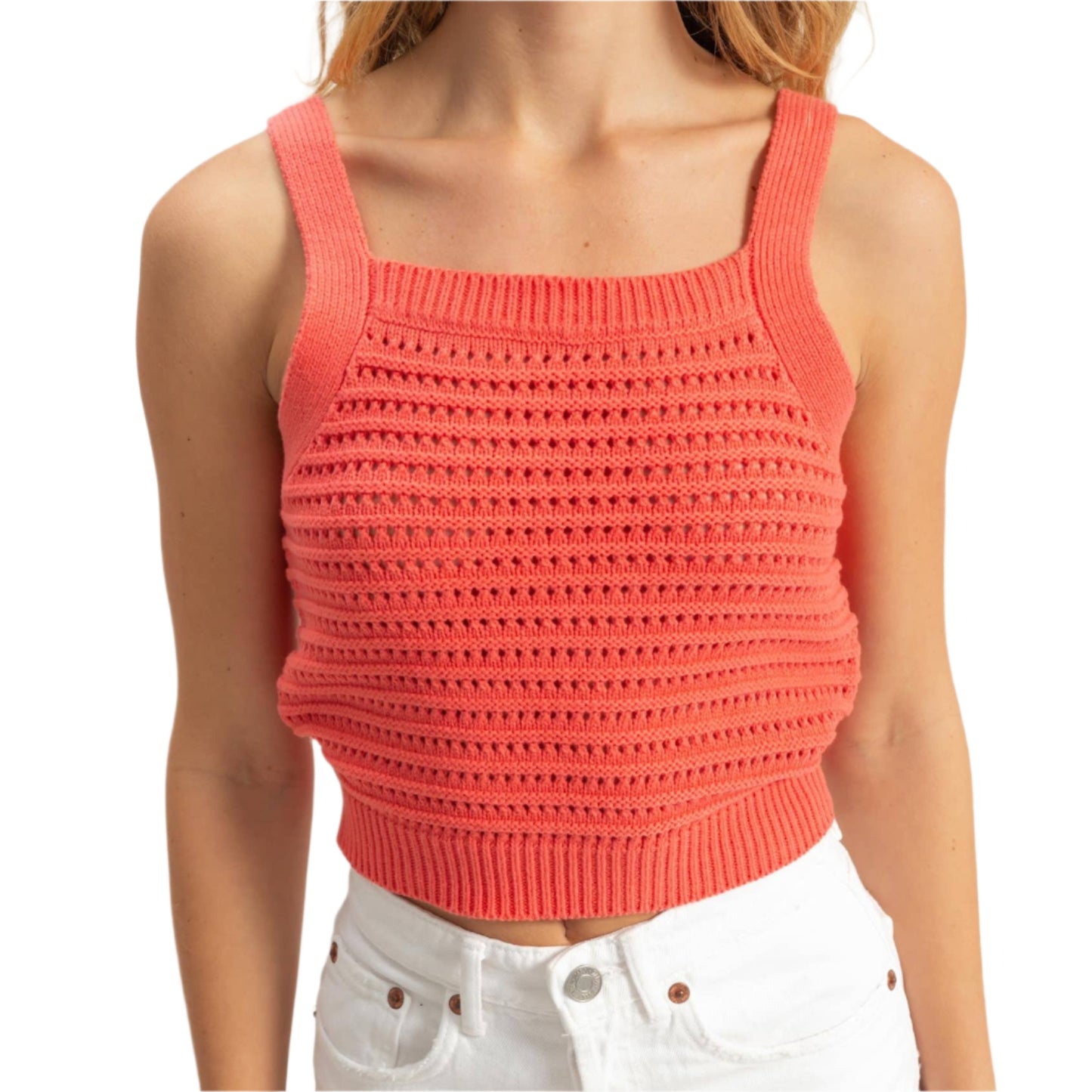 Coral Thick Strap Square Neck Fitted Tank
