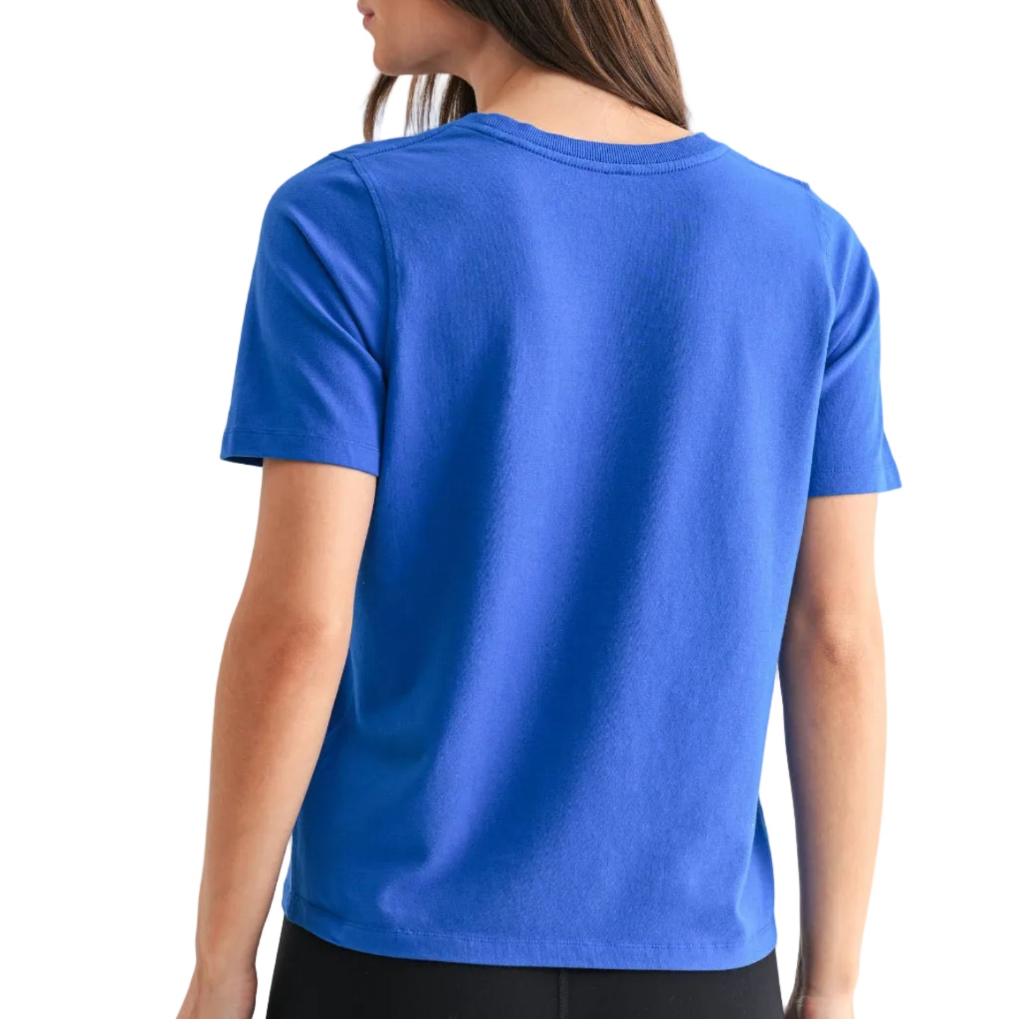 Person wearing a blue t-shirt and pink cap on a white background