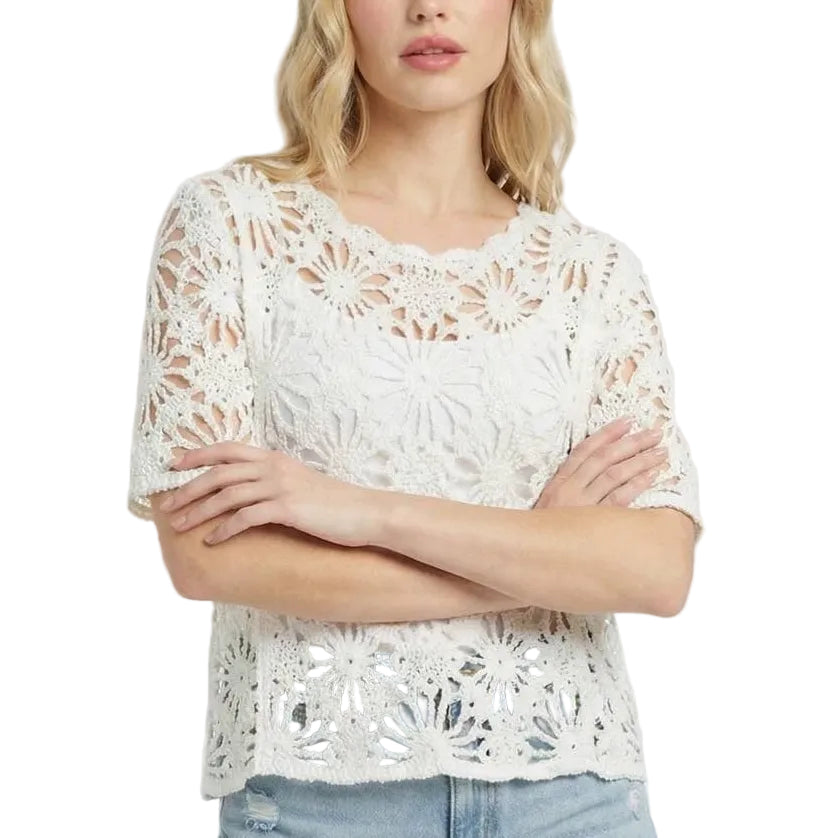 Woman wearing a white lace top and denim shorts on a light pink background