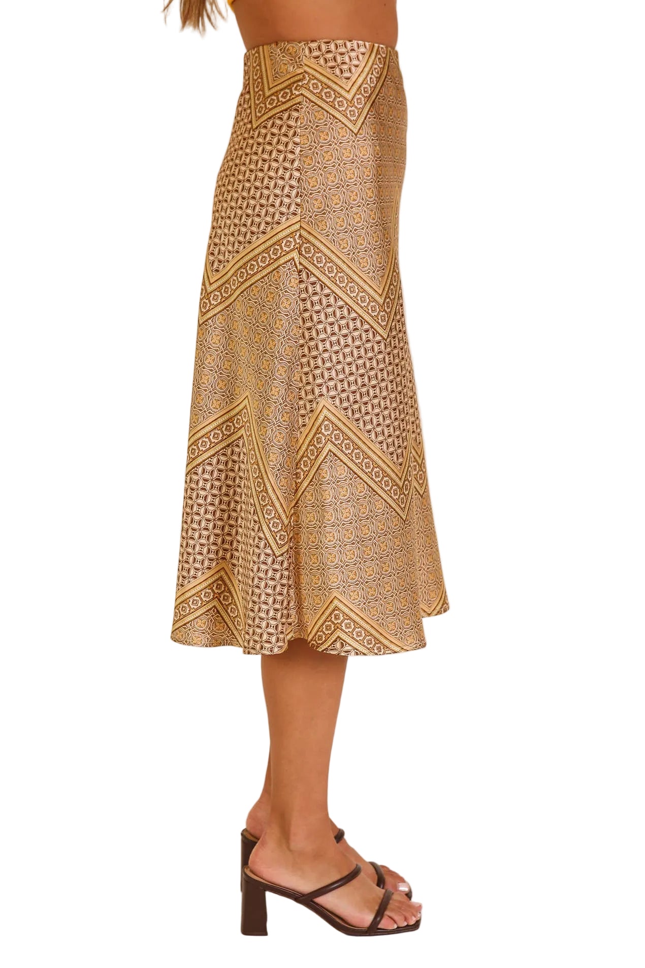 Gold Geo Print Satin Midi Skirt