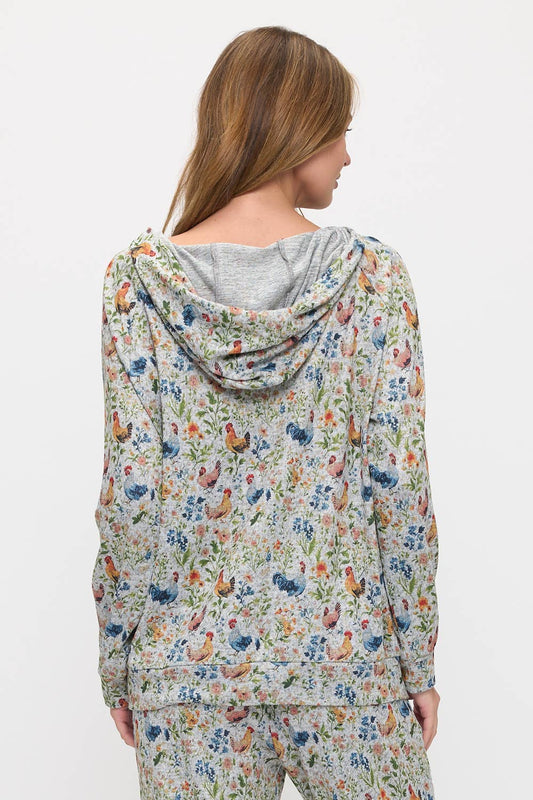 FLORAL CHICKEN PRINT TUNIC HOODIE