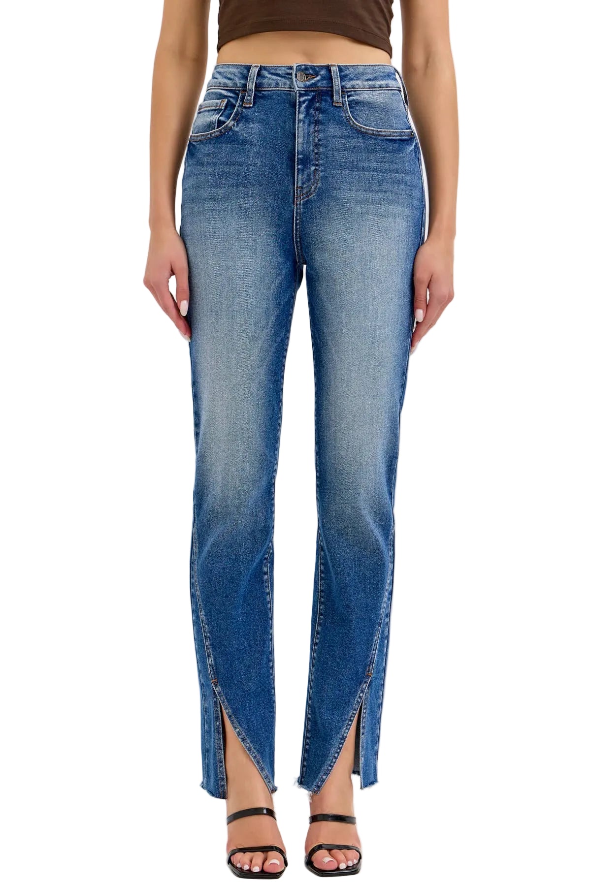 Blue jeans with a slit design worn by a person on a white background