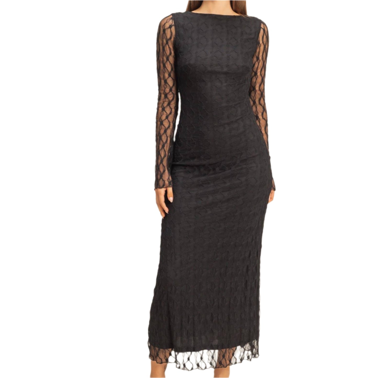 Black lace dress worn by a model on a beige background