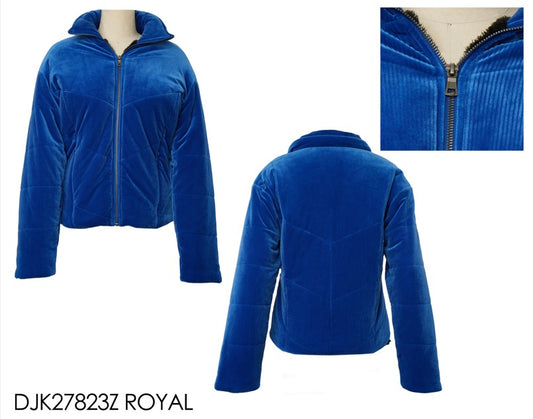 Blue jacket shown from front, back, and close-up on a white background