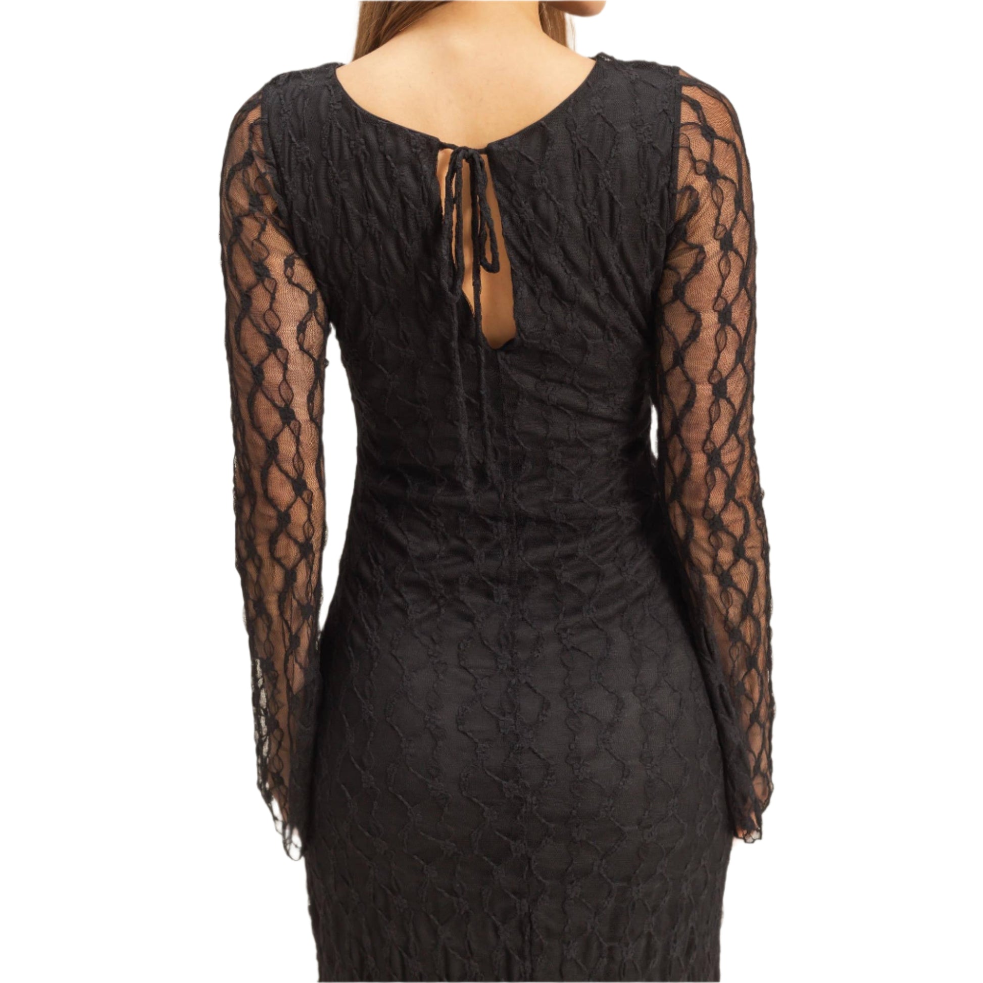 Black lace dress with sheer sleeves on a beige background