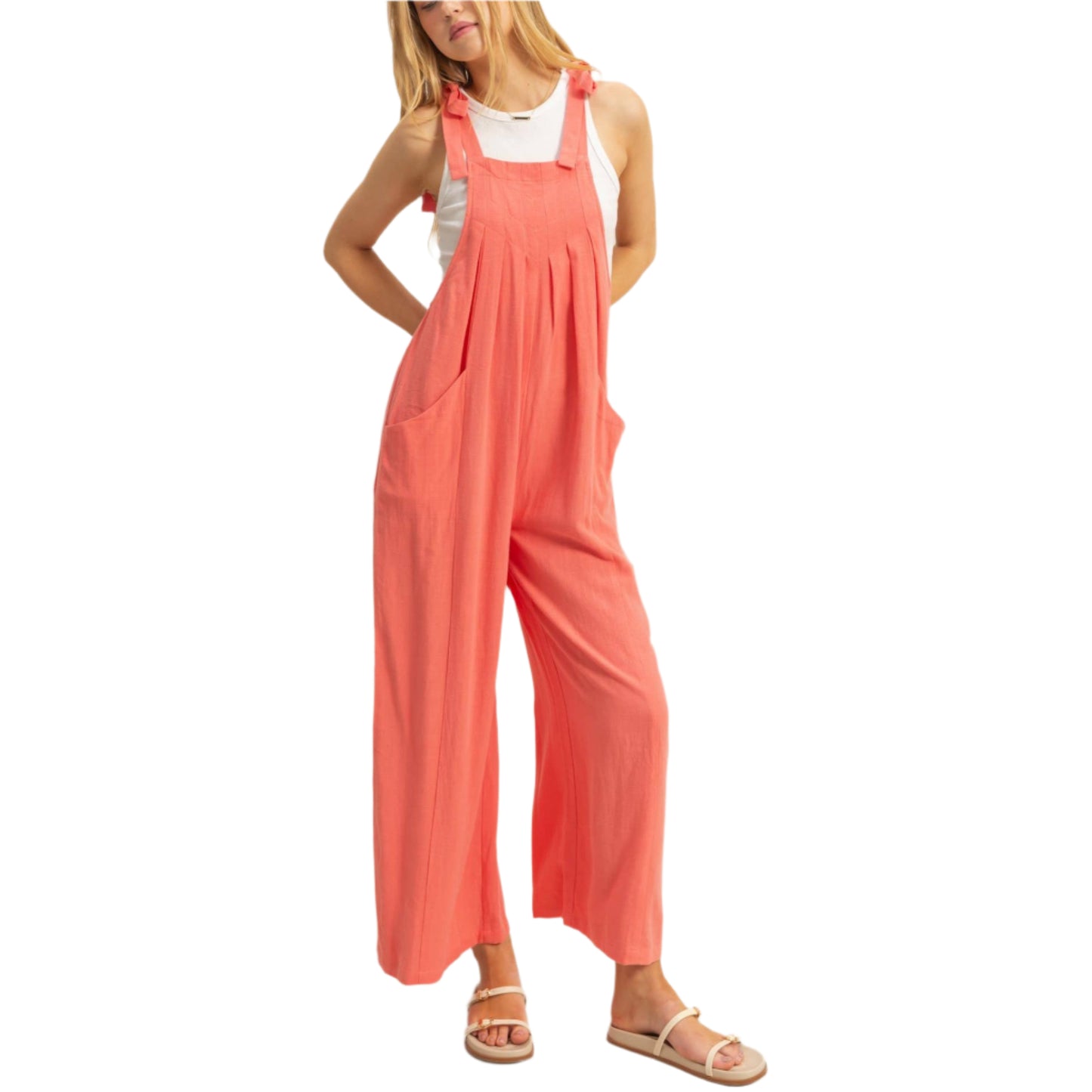 Pink Self-Tie Shoulder Straps Jumpsuit