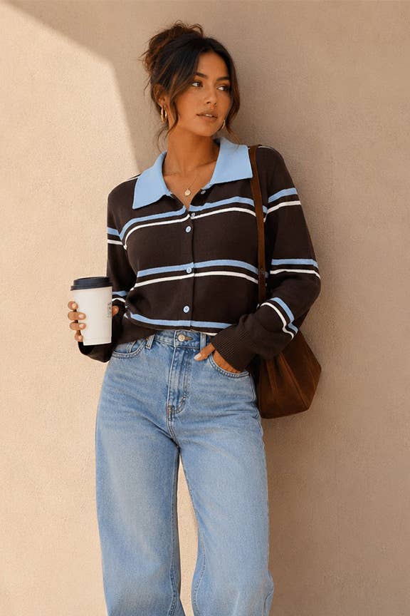 Striped Collared Knit Cardigan